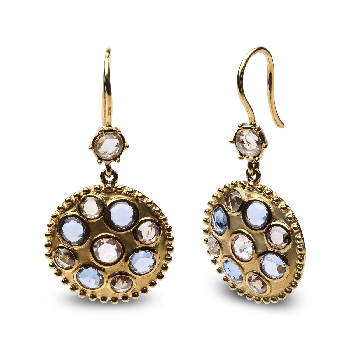 18K Yellow Gold 1 2/3 Cttw Diamond and Blue Sapphire Bezel Set Gemstone Cluster Medallion Dangle Earrings (Brown and G-H Color, SI1-SI2 Clarity) - LinkagejewelrydesignLinkagejewelrydesign