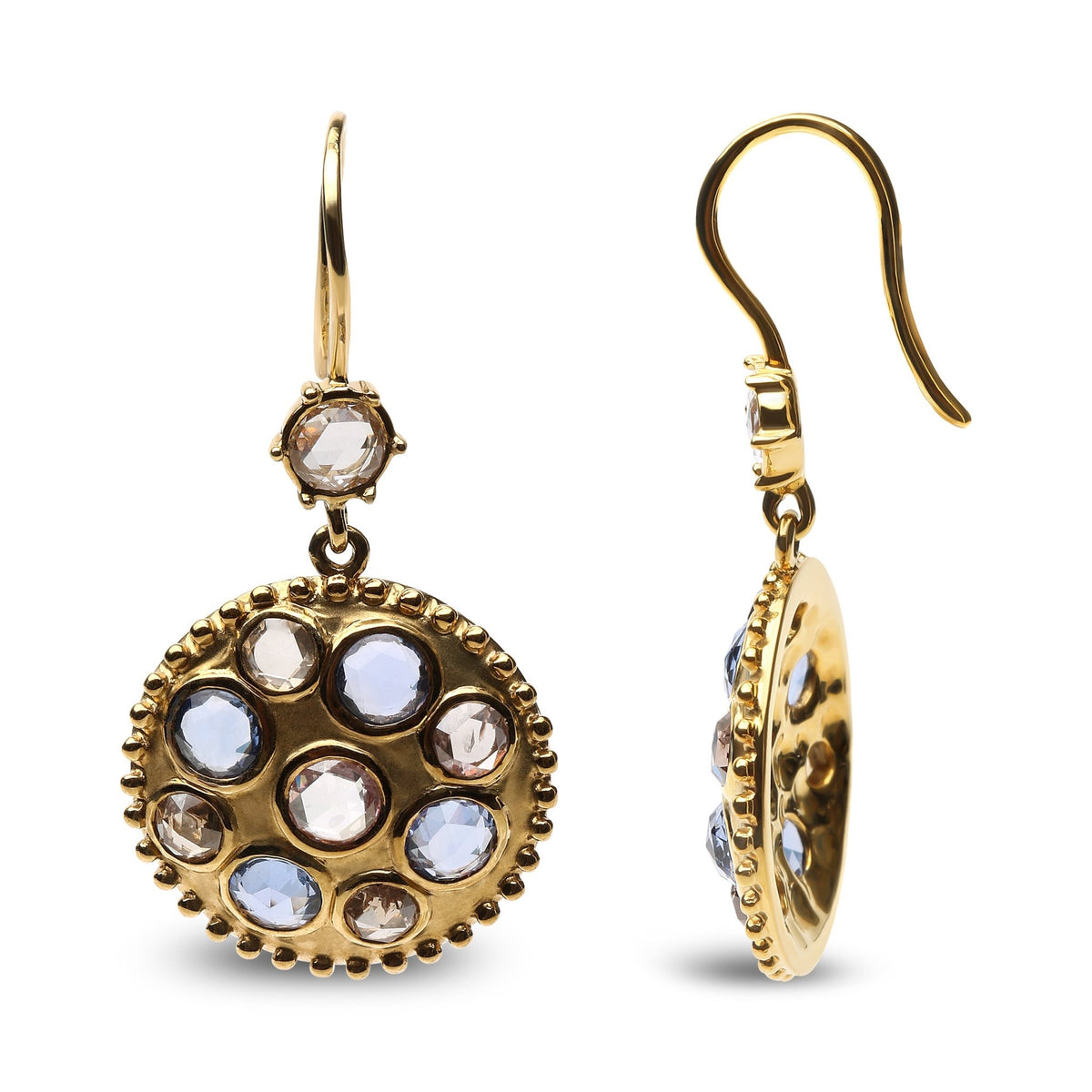 18K Yellow Gold 1 2/3 Cttw Diamond and Blue Sapphire Bezel Set Gemstone Cluster Medallion Dangle Earrings (Brown and G-H Color, SI1-SI2 Clarity) - LinkagejewelrydesignLinkagejewelrydesign