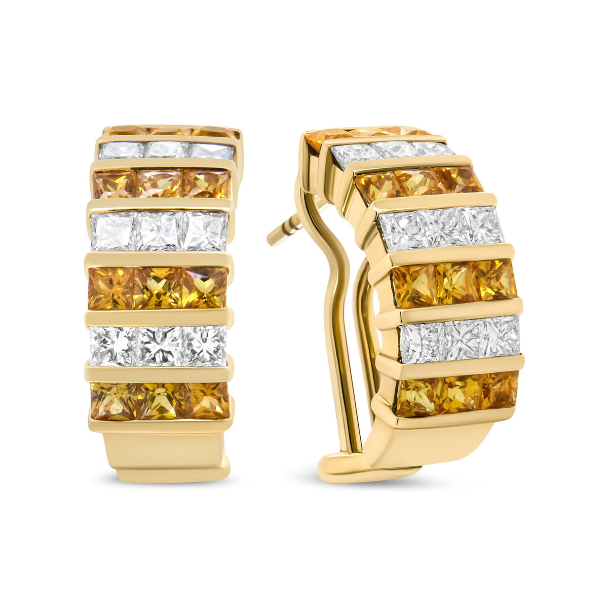 18K Yellow Gold 1 3/4 Cttw Invisible Set Princess Cut Diamond and 2.5mm Yellow Sapphire Huggie Hoop Earrings (F-G Color, VS1-VS2 Clarity) - LinkagejewelrydesignLinkagejewelrydesign