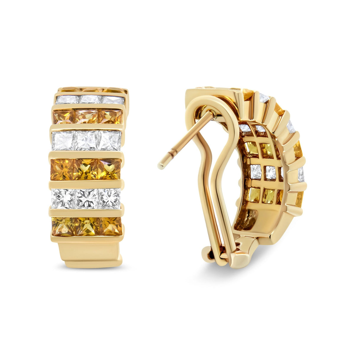 18K Yellow Gold 1 3/4 Cttw Invisible Set Princess Cut Diamond and 2.5mm Yellow Sapphire Huggie Hoop Earrings (F-G Color, VS1-VS2 Clarity) - LinkagejewelrydesignLinkagejewelrydesign