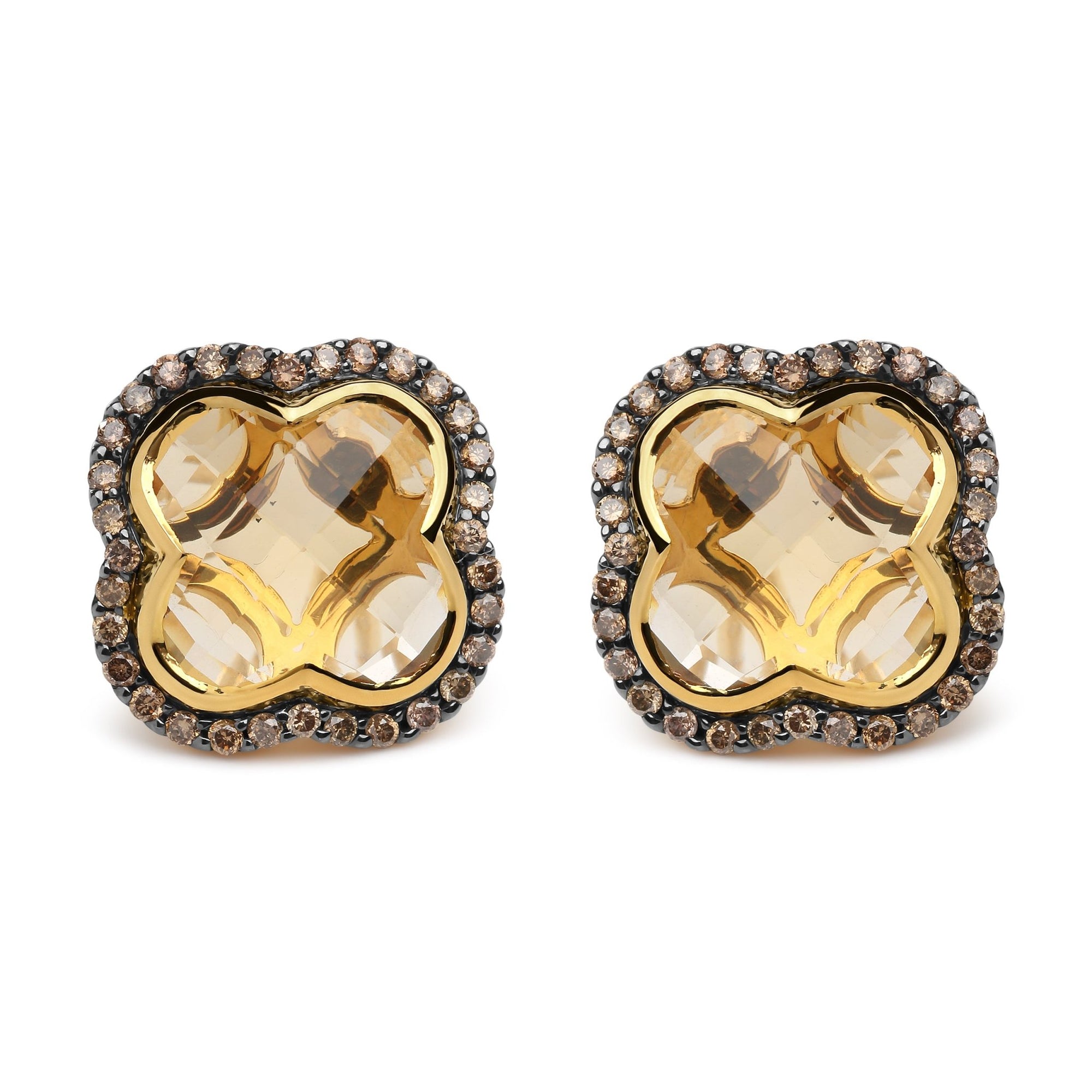18K Yellow Gold 1/2 Cttw Brown Diamond and 11x11mm Clover-Cut Yellow Citrine Gemstone Clover Halo Stud Earrings (Brown Color, SI1-SI2 Clarity) - LinkagejewelrydesignLinkagejewelrydesign