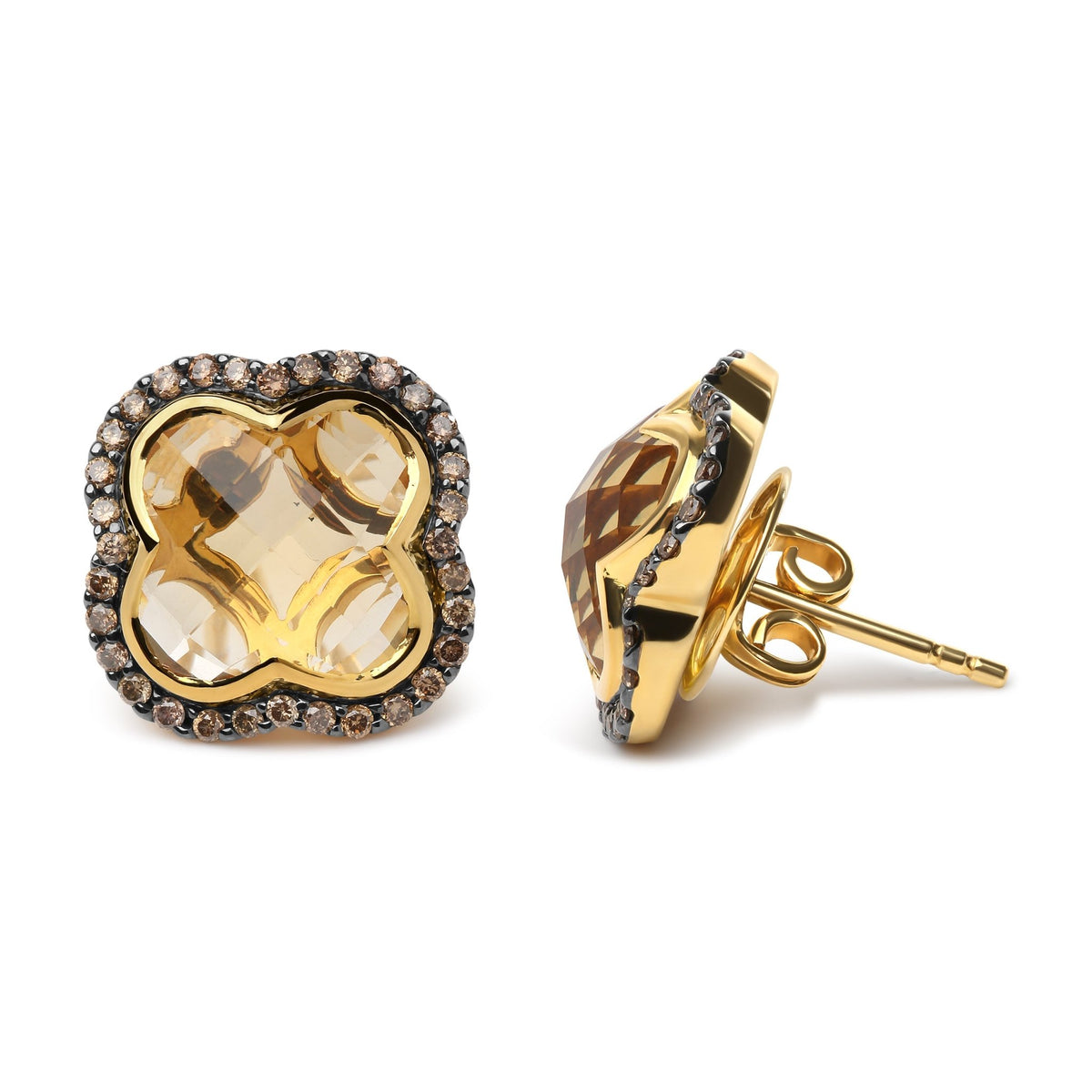 18K Yellow Gold 1/2 Cttw Brown Diamond and 11x11mm Clover-Cut Yellow Citrine Gemstone Clover Halo Stud Earrings (Brown Color, SI1-SI2 Clarity) - LinkagejewelrydesignLinkagejewelrydesign