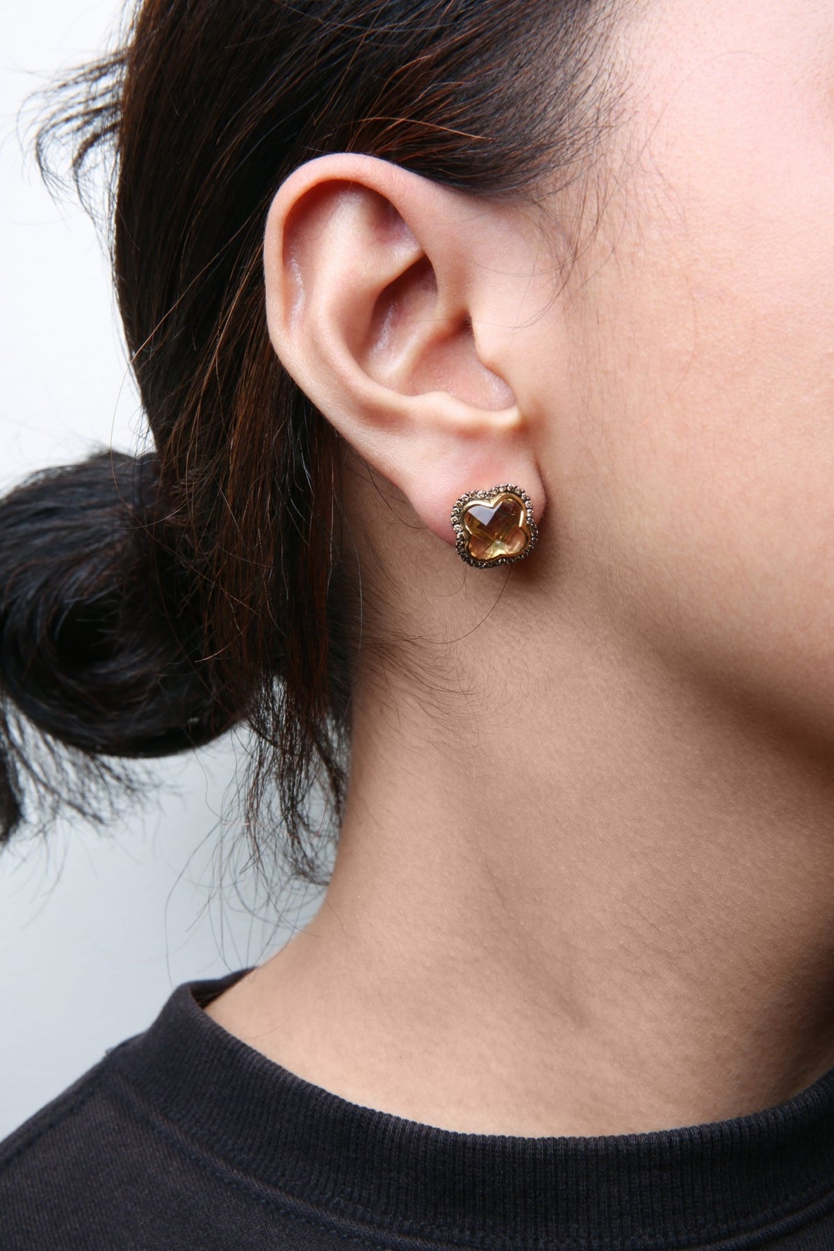 18K Yellow Gold 1/2 Cttw Brown Diamond and 11x11mm Clover-Cut Yellow Citrine Gemstone Clover Halo Stud Earrings (Brown Color, SI1-SI2 Clarity) - LinkagejewelrydesignLinkagejewelrydesign