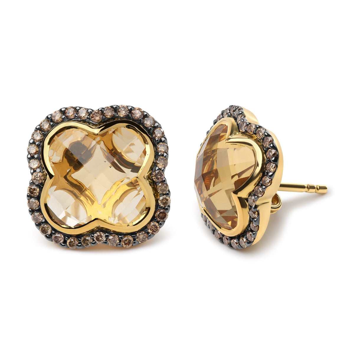 18K Yellow Gold 1/2 Cttw Brown Diamond and 11x11mm Clover-Cut Yellow Citrine Gemstone Clover Halo Stud Earrings (Brown Color, SI1-SI2 Clarity) - LinkagejewelrydesignLinkagejewelrydesign