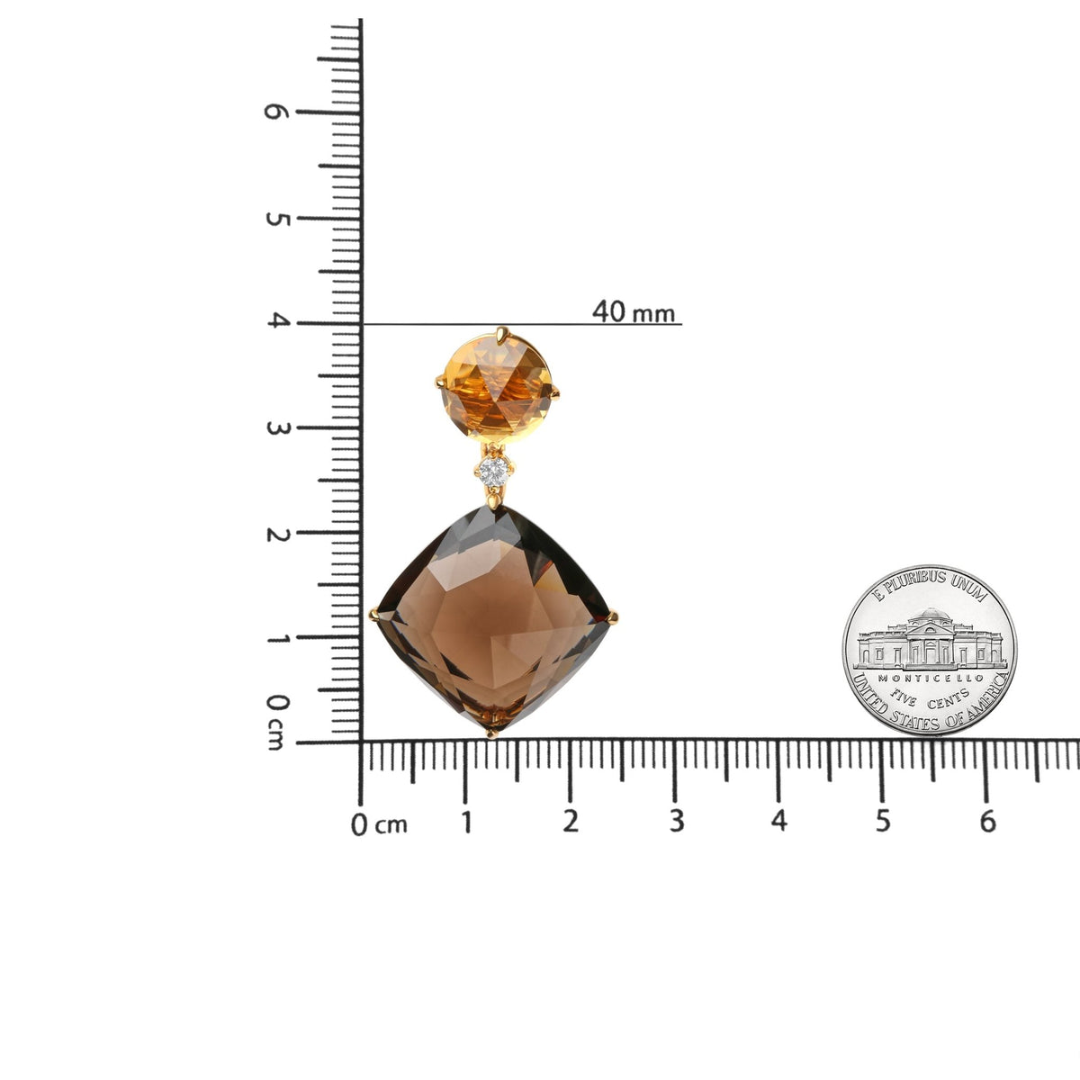 18K Yellow Gold 1/5 Cttw Diamond with Round Yellow Citrine and 25mm Cushion Cut Smoky Quartz Gemstone Dangle Earring (G-H Color, SI1-SI2 Clarity) - LinkagejewelrydesignLinkagejewelrydesign