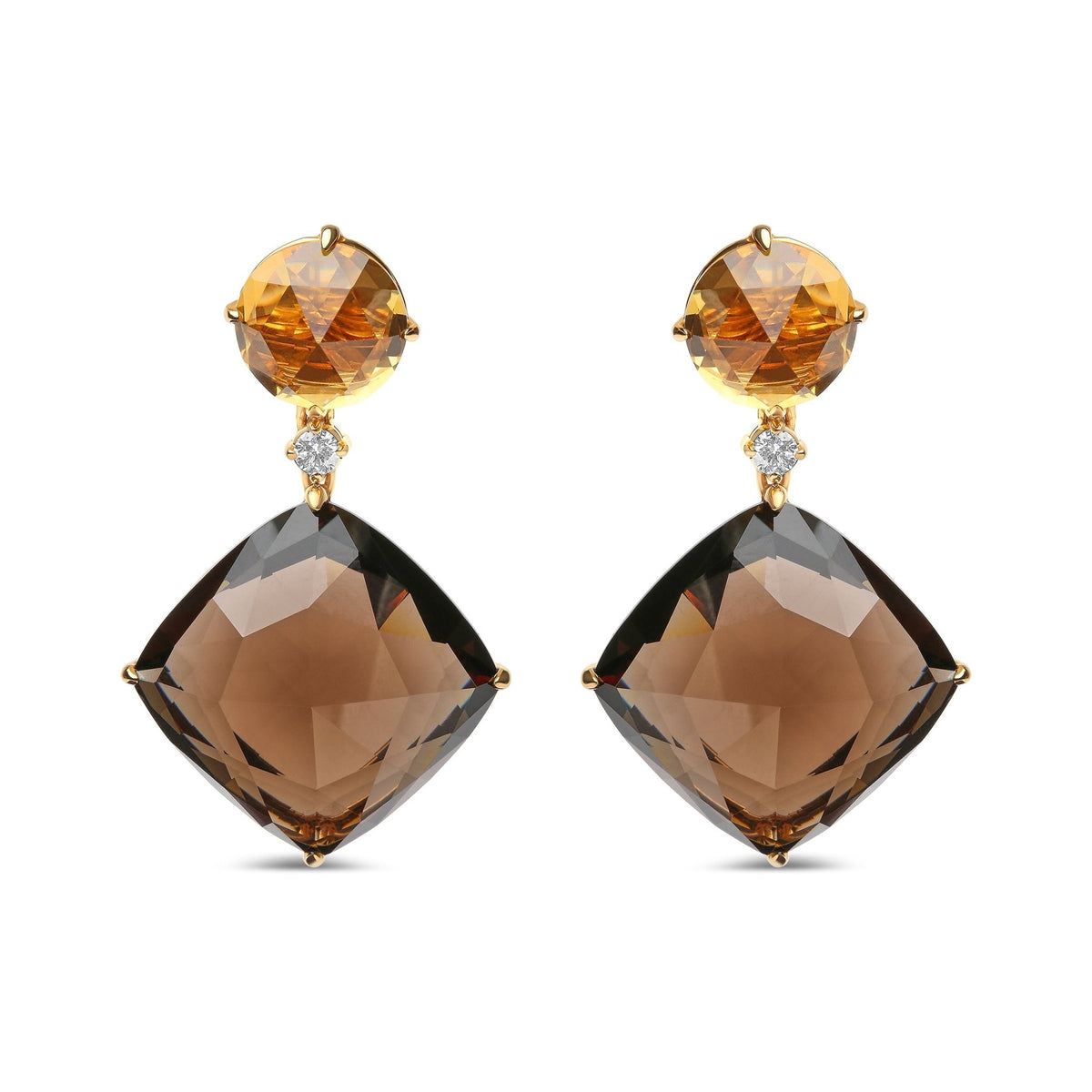 18K Yellow Gold 1/5 Cttw Diamond with Round Yellow Citrine and 25mm Cushion Cut Smoky Quartz Gemstone Dangle Earring (G-H Color, SI1-SI2 Clarity) - LinkagejewelrydesignLinkagejewelrydesign
