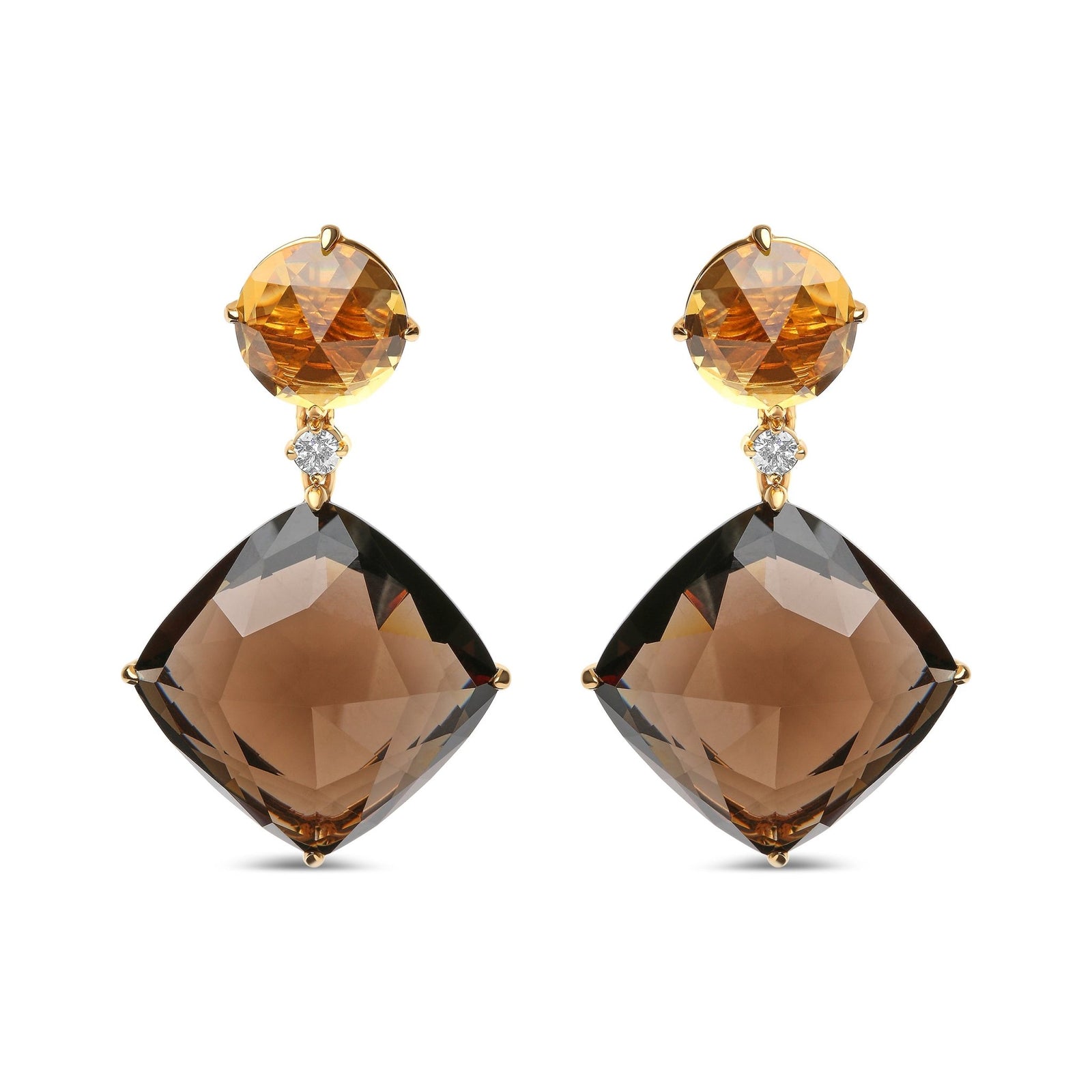 18K Yellow Gold 1/5 Cttw Diamond with Round Yellow Citrine and 25mm Cushion Cut Smoky Quartz Gemstone Dangle Earring (G-H Color, SI1-SI2 Clarity) - LinkagejewelrydesignLinkagejewelrydesign