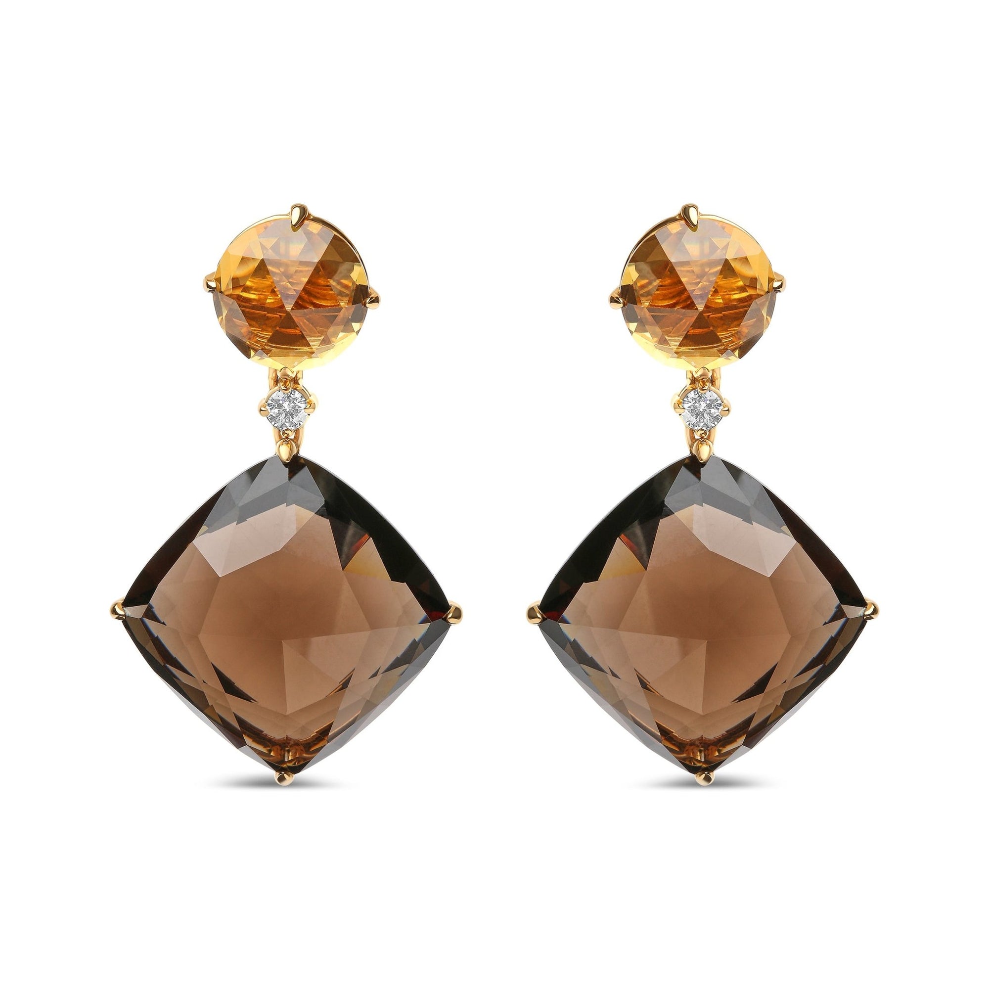 18K Yellow Gold 1/5 Cttw Diamond with Round Yellow Citrine and 25mm Cushion Cut Smoky Quartz Gemstone Dangle Earring (G-H Color, SI1-SI2 Clarity) - LinkagejewelrydesignLinkagejewelrydesign