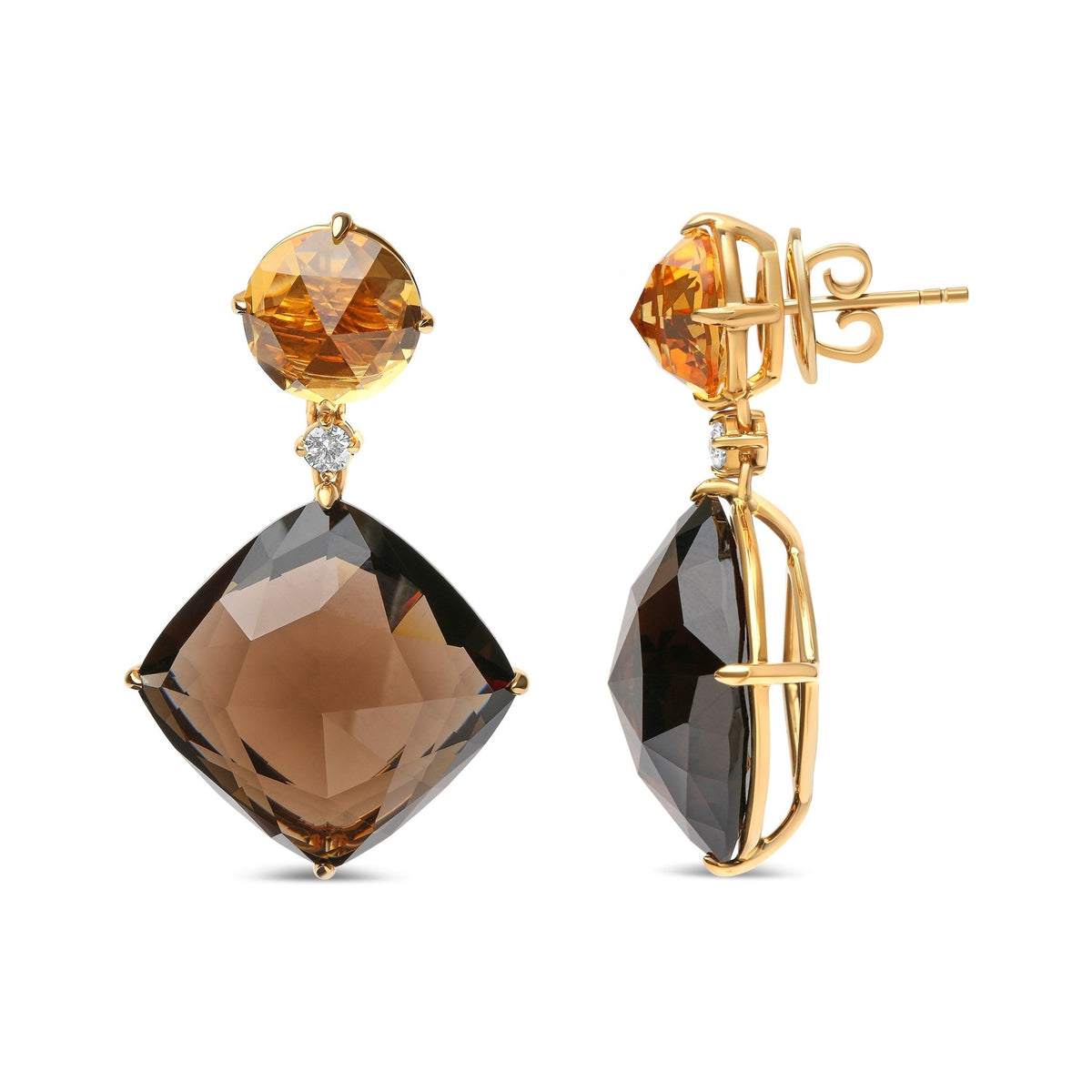 18K Yellow Gold 1/5 Cttw Diamond with Round Yellow Citrine and 25mm Cushion Cut Smoky Quartz Gemstone Dangle Earring (G-H Color, SI1-SI2 Clarity) - LinkagejewelrydesignLinkagejewelrydesign