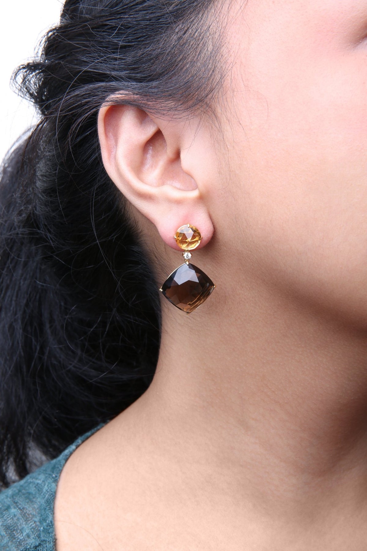 18K Yellow Gold 1/5 Cttw Diamond with Round Yellow Citrine and 25mm Cushion Cut Smoky Quartz Gemstone Dangle Earring (G-H Color, SI1-SI2 Clarity) - LinkagejewelrydesignLinkagejewelrydesign