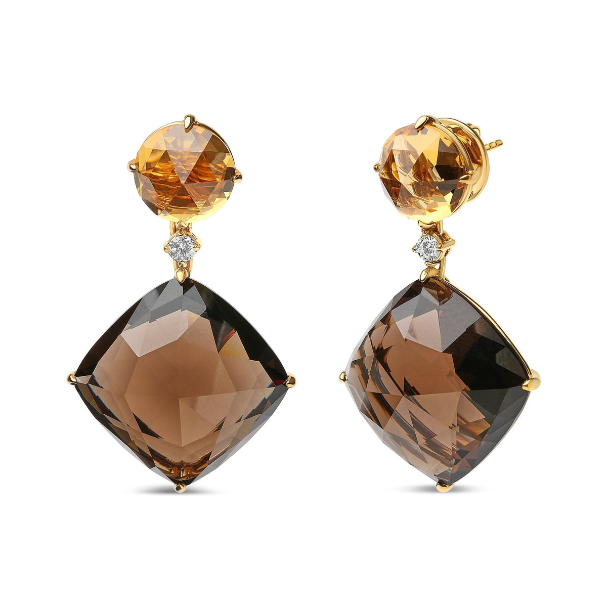 18K Yellow Gold 1/5 Cttw Diamond with Round Yellow Citrine and 25mm Cushion Cut Smoky Quartz Gemstone Dangle Earring (G-H Color, SI1-SI2 Clarity) - LinkagejewelrydesignLinkagejewelrydesign