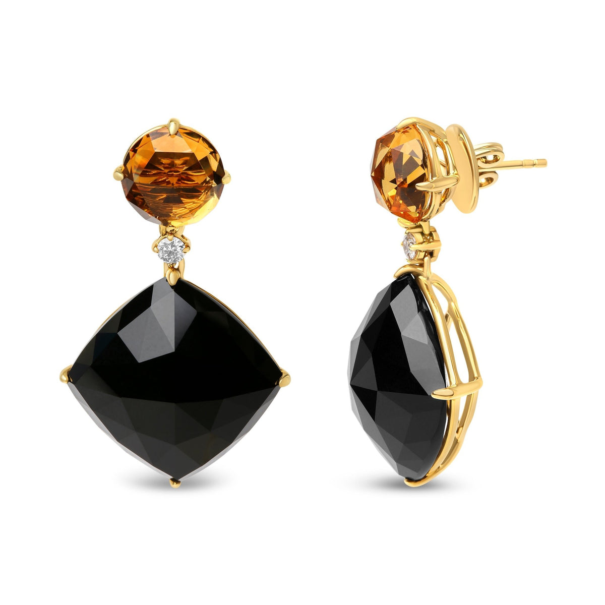 18K Yellow Gold 1/5 Cttw Diamond with Round Yellow Citrine and Cushion Cut Black Onyx Gemstone Dangle Earring (G-H Color, SI1-SI2 Clarity) - LinkagejewelrydesignLinkagejewelrydesign