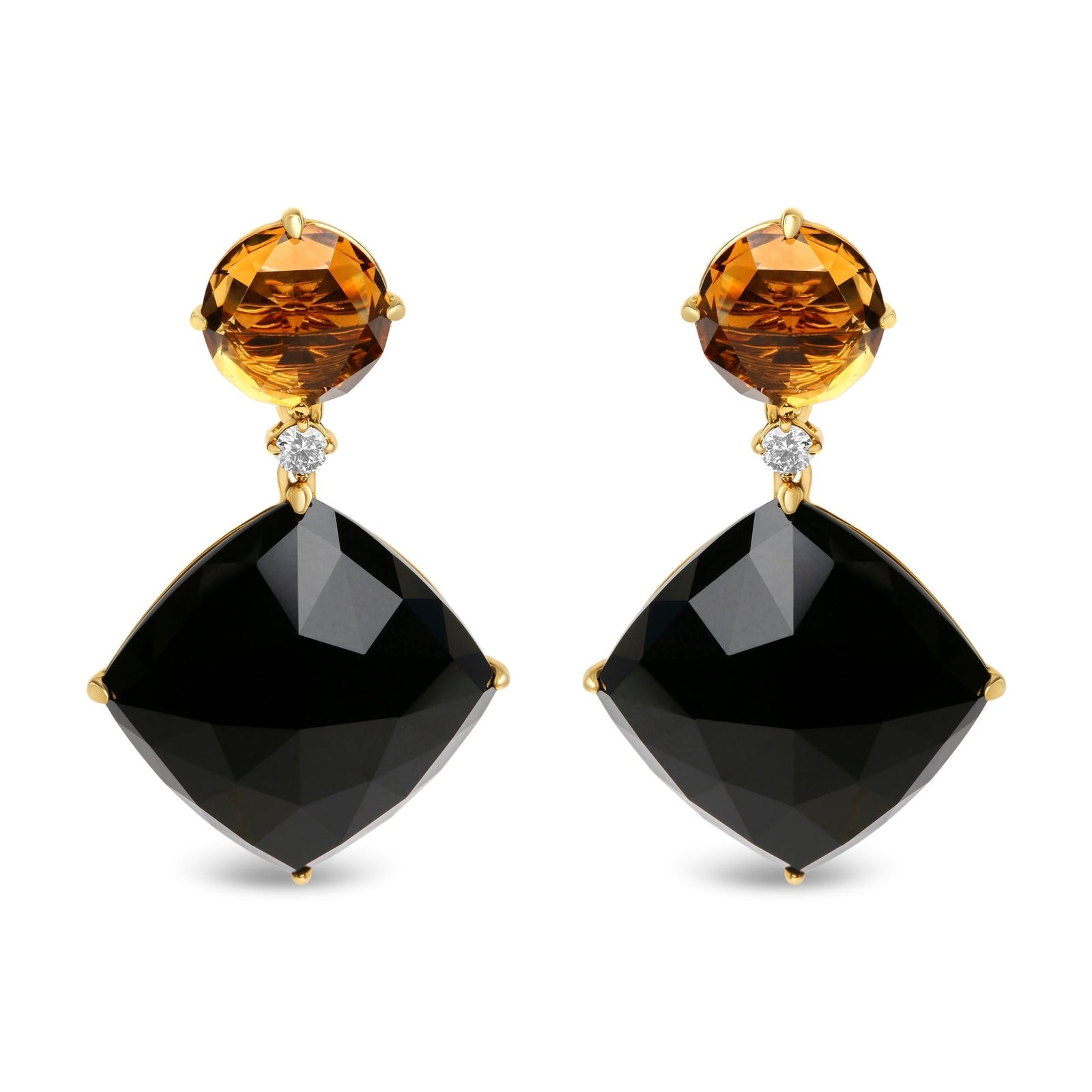 18K Yellow Gold 1/5 Cttw Diamond with Round Yellow Citrine and Cushion Cut Black Onyx Gemstone Dangle Earring (G-H Color, SI1-SI2 Clarity) - LinkagejewelrydesignLinkagejewelrydesign