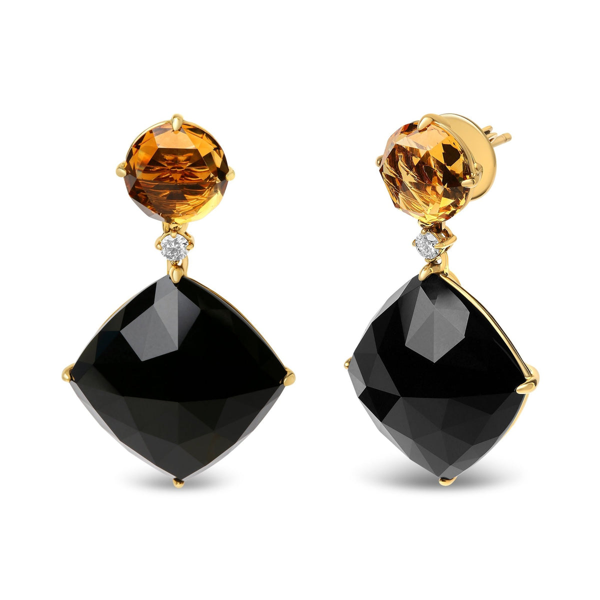 18K Yellow Gold 1/5 Cttw Diamond with Round Yellow Citrine and Cushion Cut Black Onyx Gemstone Dangle Earring (G-H Color, SI1-SI2 Clarity) - LinkagejewelrydesignLinkagejewelrydesign