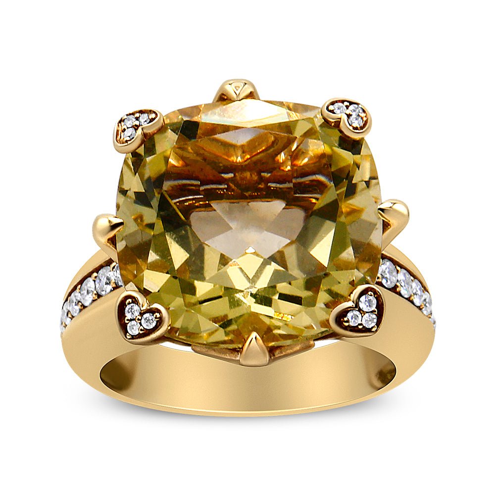 18K Yellow Gold 15x15mm Cushion Cut Lemon Quartz and 1/4 Cttw Diamond Accented Cocktail Ring (F-G Color, VS1-VS2 Clarity) - Ring Size 7 - LinkagejewelrydesignLinkagejewelrydesign