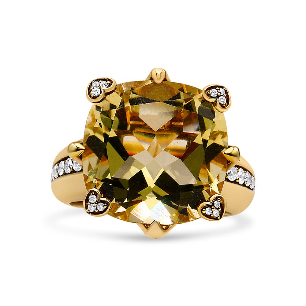 18K Yellow Gold 15x15mm Cushion Cut Lemon Quartz and 1/4 Cttw Diamond Accented Cocktail Ring (F-G Color, VS1-VS2 Clarity) - Ring Size 7 - LinkagejewelrydesignLinkagejewelrydesign