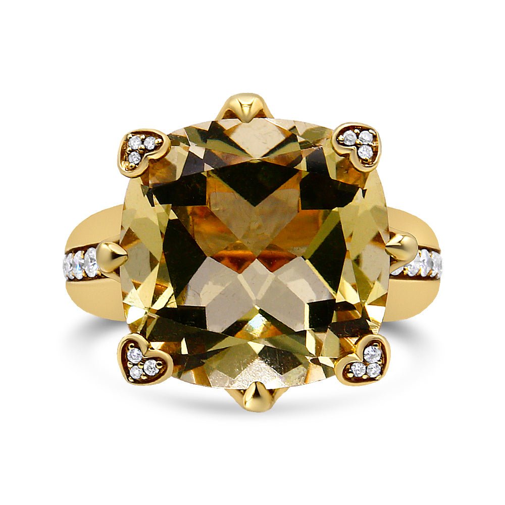 18K Yellow Gold 15x15mm Cushion Cut Lemon Quartz and 1/4 Cttw Diamond Accented Cocktail Ring (F-G Color, VS1-VS2 Clarity) - Ring Size 7 - LinkagejewelrydesignLinkagejewelrydesign