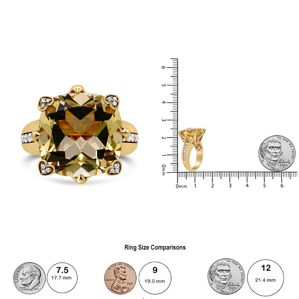 18K Yellow Gold 15x15mm Cushion Cut Lemon Quartz and 1/4 Cttw Diamond Accented Cocktail Ring (F-G Color, VS1-VS2 Clarity) - Ring Size 7 - LinkagejewelrydesignLinkagejewelrydesign