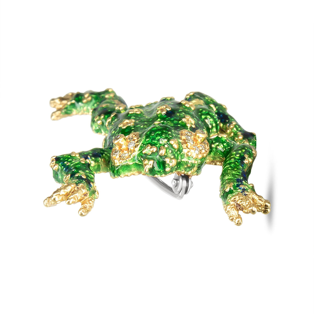 18K Yellow Gold 1/6 Cttw Diamond Green Frog Enamel Floral Brooch Pin (H-I Color, VS2-SI1 Clarity) - LinkagejewelrydesignLinkagejewelrydesign