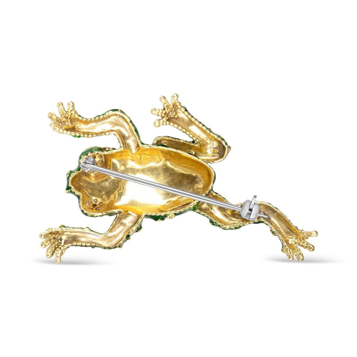 18K Yellow Gold 1/6 Cttw Diamond Green Frog Enamel Floral Brooch Pin (H-I Color, VS2-SI1 Clarity) - LinkagejewelrydesignLinkagejewelrydesign