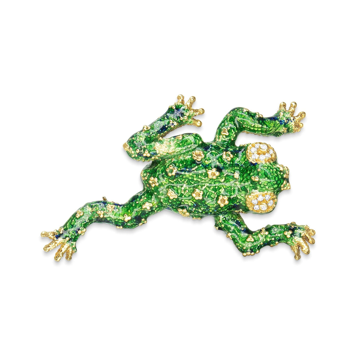 18K Yellow Gold 1/6 Cttw Diamond Green Frog Enamel Floral Brooch Pin (H-I Color, VS2-SI1 Clarity) - LinkagejewelrydesignLinkagejewelrydesign