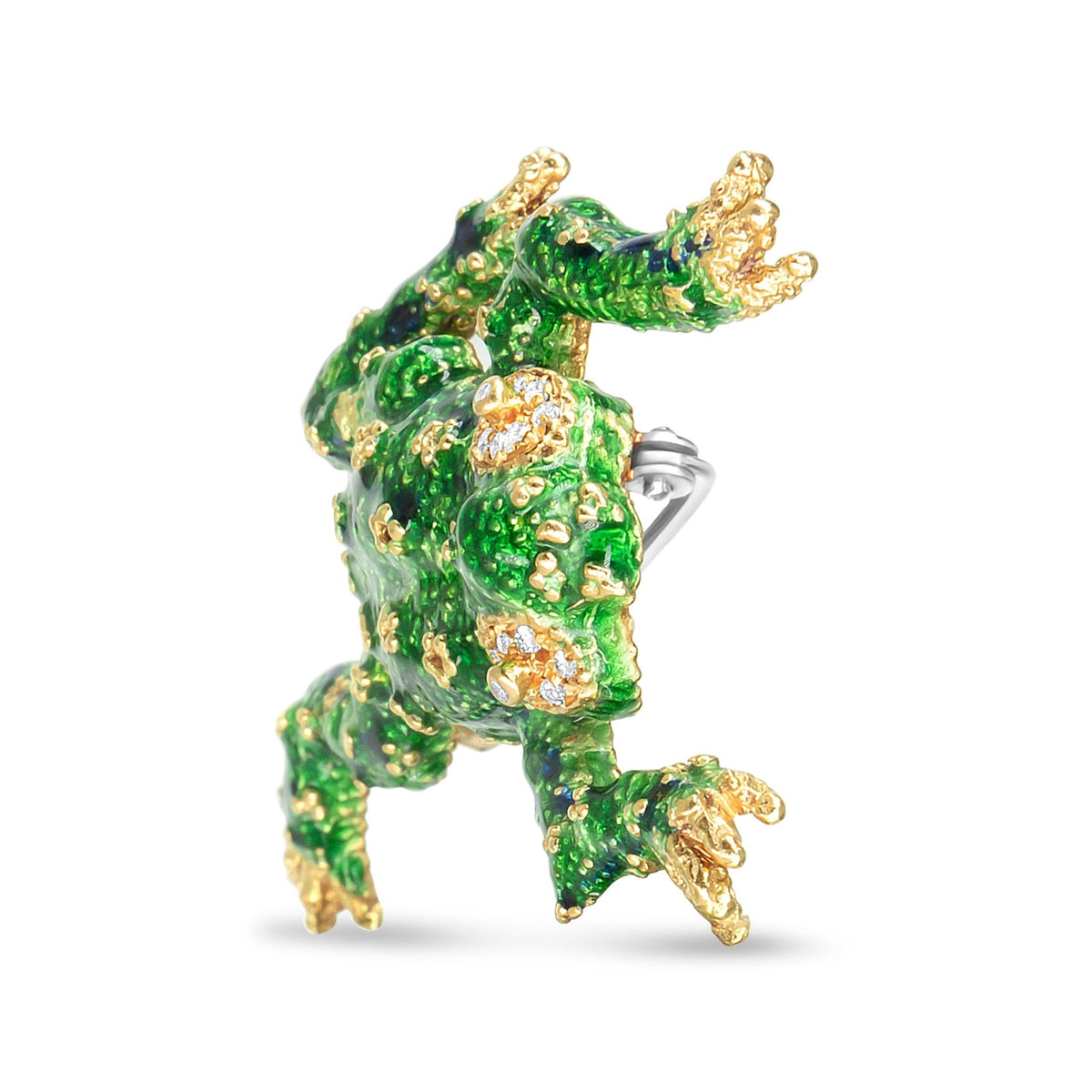 18K Yellow Gold 1/6 Cttw Diamond Green Frog Enamel Floral Brooch Pin (H-I Color, VS2-SI1 Clarity) - LinkagejewelrydesignLinkagejewelrydesign