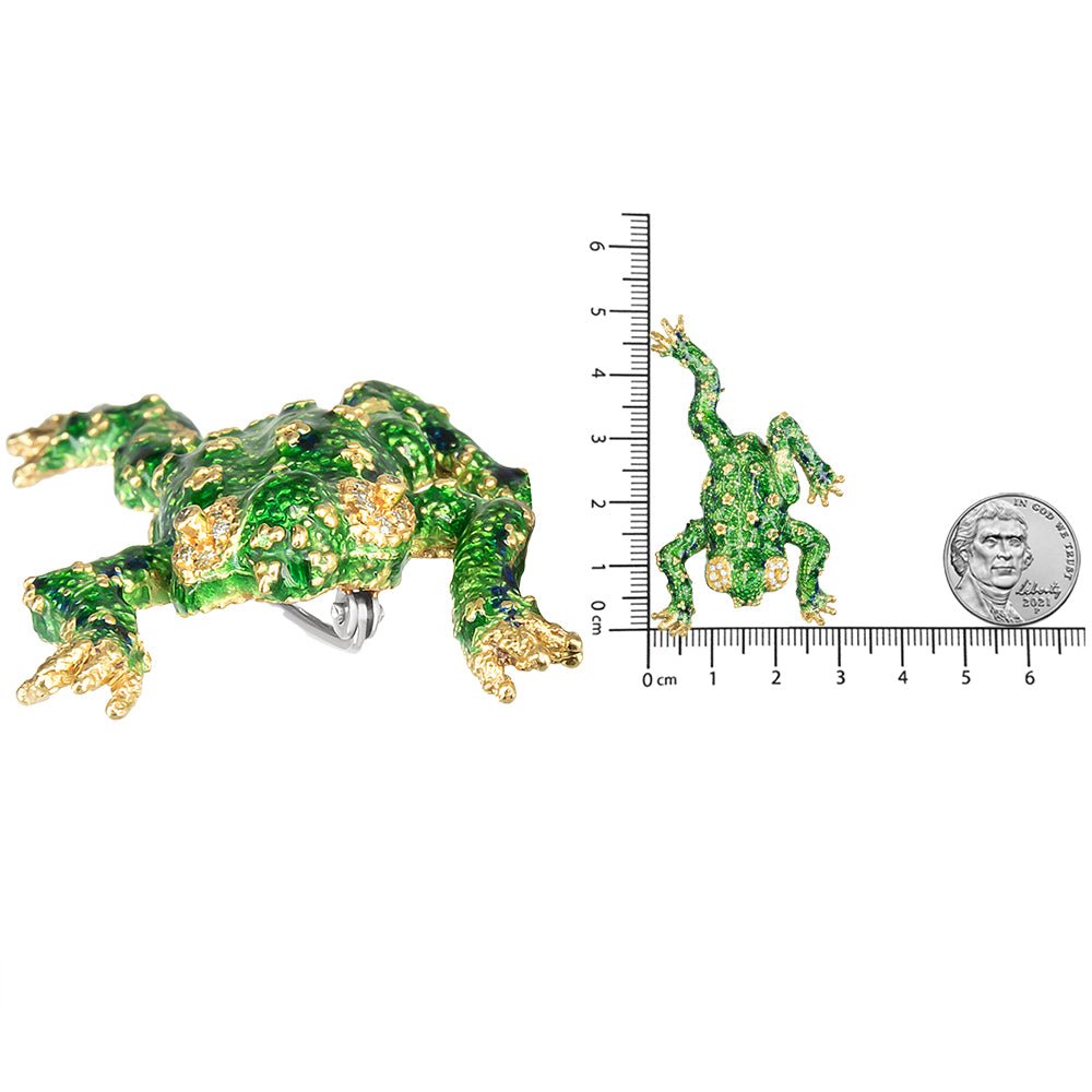 18K Yellow Gold 1/6 Cttw Diamond Green Frog Enamel Floral Brooch Pin (H-I Color, VS2-SI1 Clarity) - LinkagejewelrydesignLinkagejewelrydesign