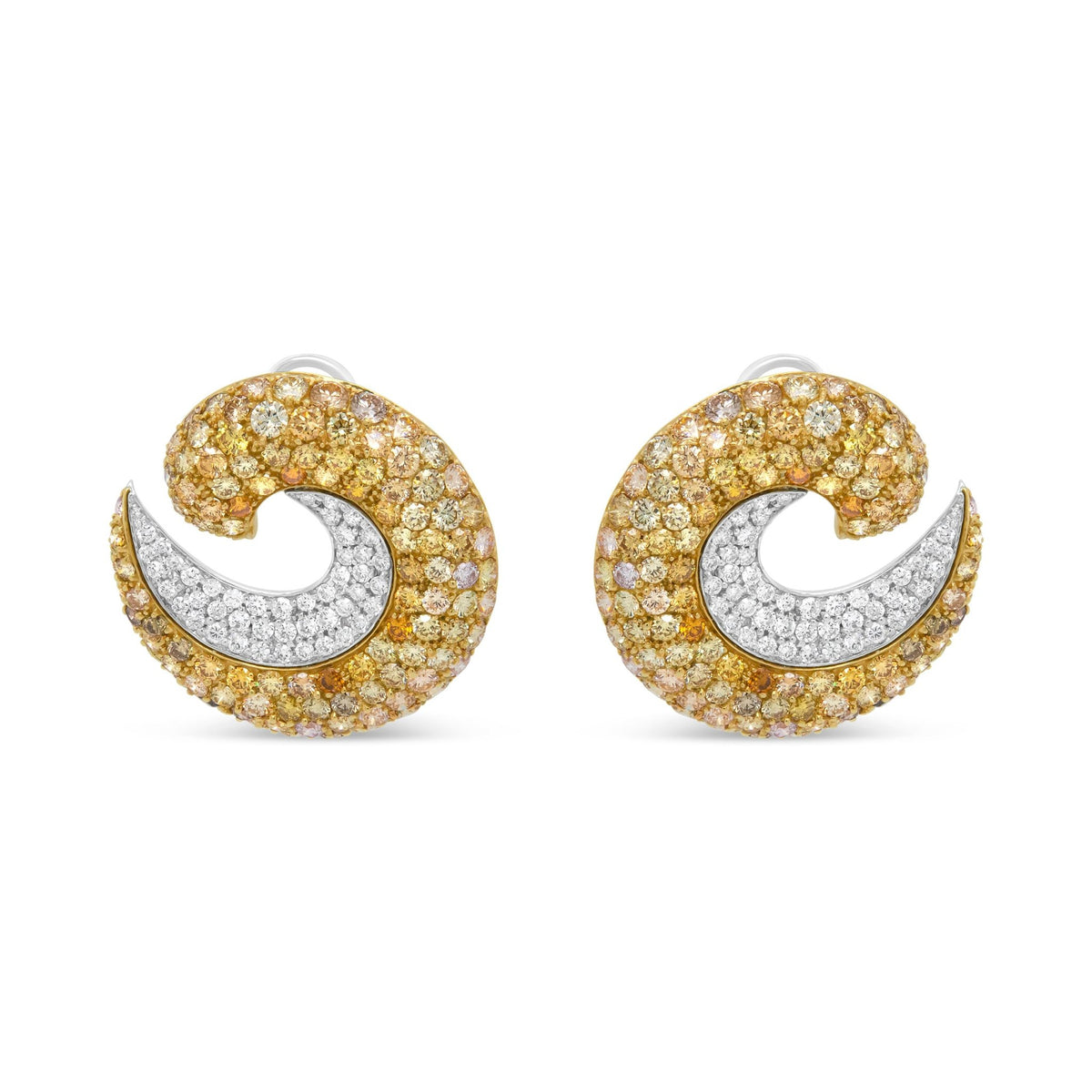 18K Yellow Gold 18.0 Cttw Mixed Fancy Color Pave-Set Diamond Double Swirl Hoop Earrings (Mixed Color, VS2-SI1 Clarity) - LinkagejewelrydesignLinkagejewelrydesign