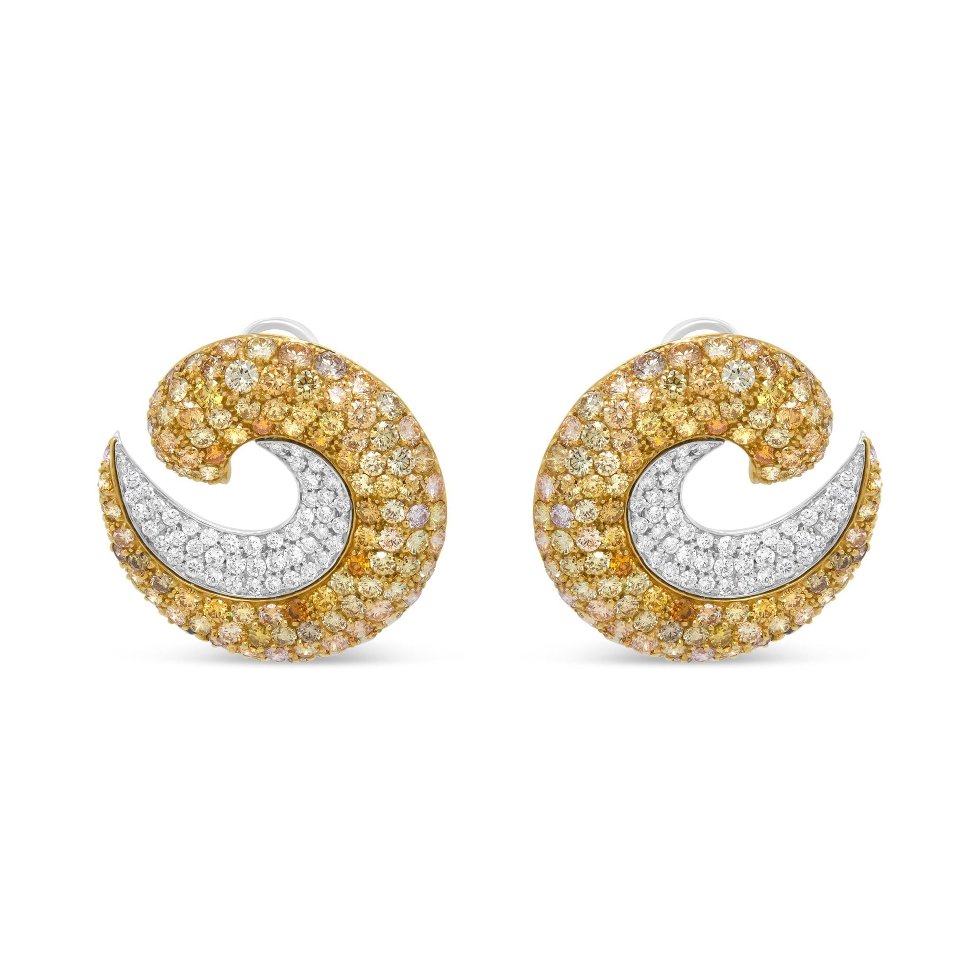 18K Yellow Gold 18.0 Cttw Mixed Fancy Color Pave-Set Diamond Double Swirl Hoop Earrings (Mixed Color, VS2-SI1 Clarity) - LinkagejewelrydesignLinkagejewelrydesign