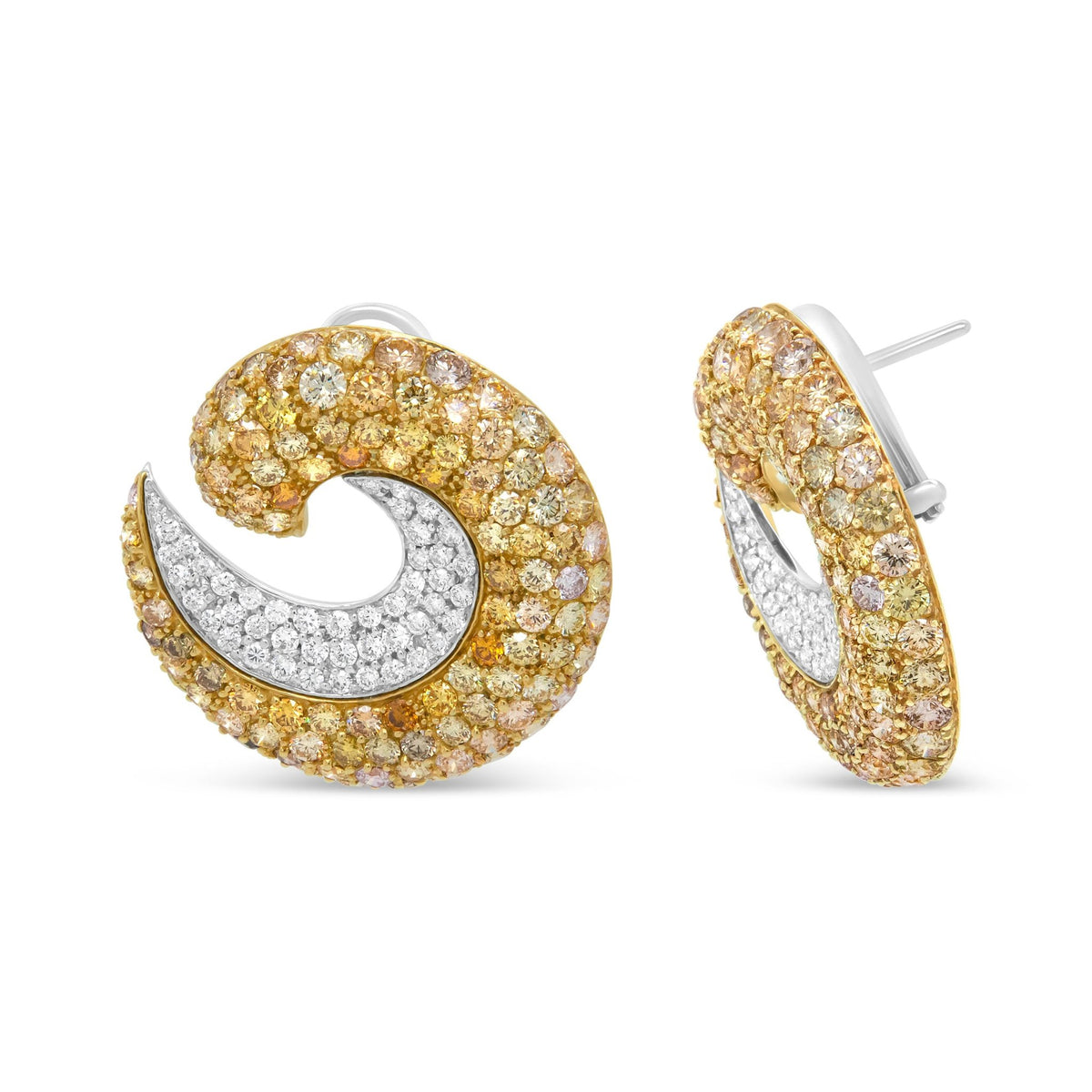 18K Yellow Gold 18.0 Cttw Mixed Fancy Color Pave-Set Diamond Double Swirl Hoop Earrings (Mixed Color, VS2-SI1 Clarity) - LinkagejewelrydesignLinkagejewelrydesign