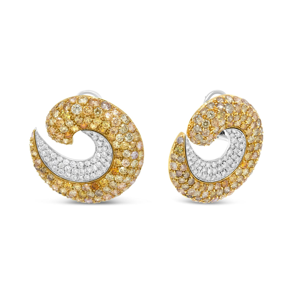 18K Yellow Gold 18.0 Cttw Mixed Fancy Color Pave-Set Diamond Double Swirl Hoop Earrings (Mixed Color, VS2-SI1 Clarity) - LinkagejewelrydesignLinkagejewelrydesign