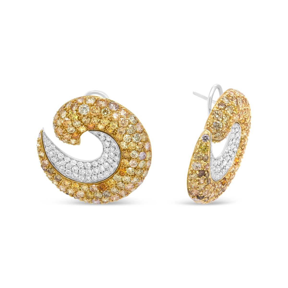 18K Yellow Gold 18.0 Cttw Mixed Fancy Color Pave-Set Diamond Double Swirl Hoop Earrings (Mixed Color, VS2-SI1 Clarity) - LinkagejewelrydesignLinkagejewelrydesign