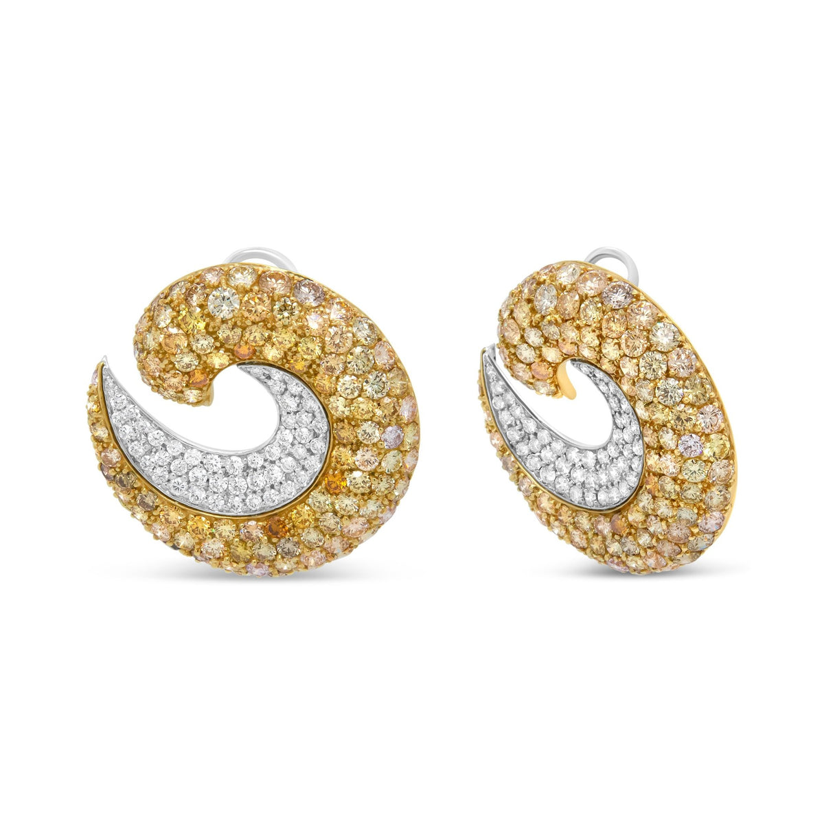 18K Yellow Gold 18.0 Cttw Mixed Fancy Color Pave-Set Diamond Double Swirl Hoop Earrings (Mixed Color, VS2-SI1 Clarity) - LinkagejewelrydesignLinkagejewelrydesign