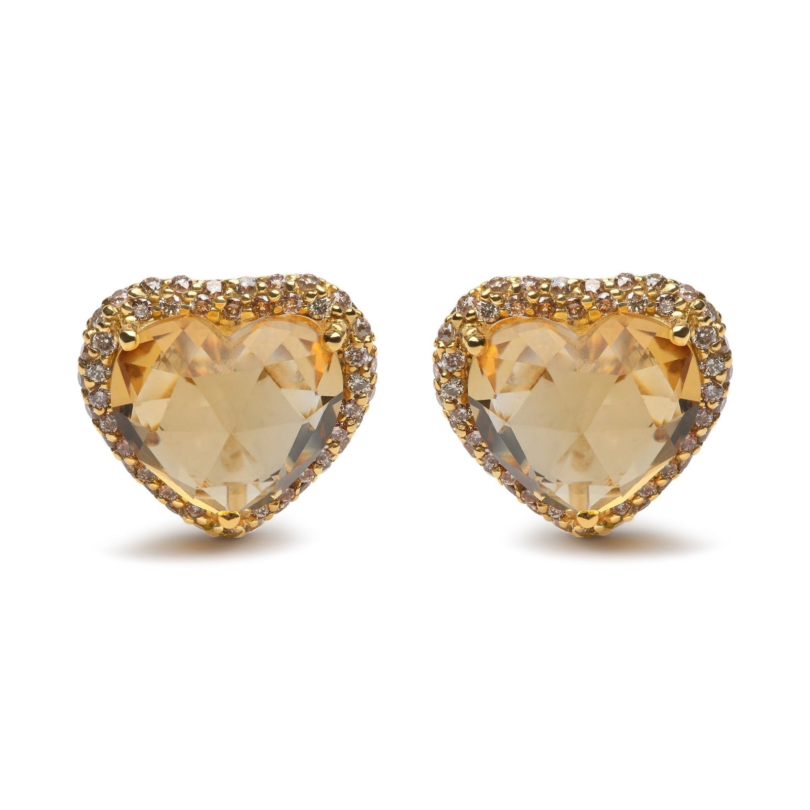 18K Yellow Gold 2/3 Cttw Brown Diamonds and 11x11mm Heart-Cut Yellow Citrine Gemstone Halo Heart Stud Earrings (Brown Color, SI1-SI2 Clarity) - LinkagejewelrydesignLinkagejewelrydesign