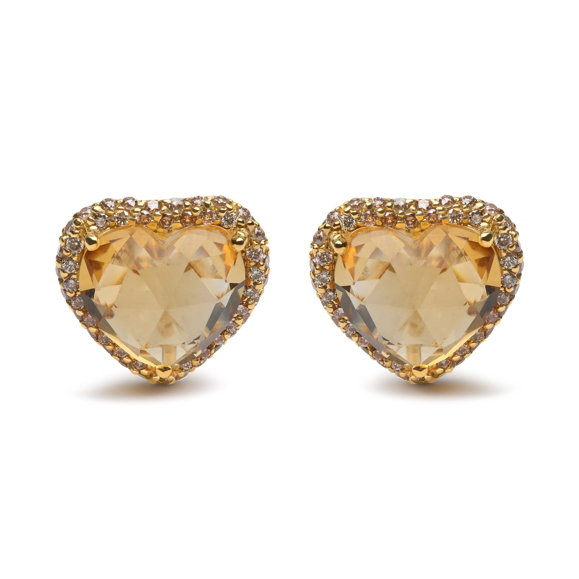 18K Yellow Gold 2/3 Cttw Brown Diamonds and 11x11mm Heart-Cut Yellow Citrine Gemstone Halo Heart Stud Earrings (Brown Color, SI1-SI2 Clarity) - LinkagejewelrydesignLinkagejewelrydesign