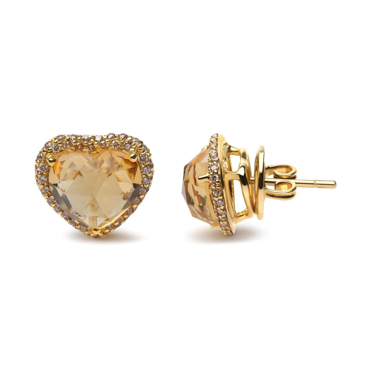 18K Yellow Gold 2/3 Cttw Brown Diamonds and 11x11mm Heart-Cut Yellow Citrine Gemstone Halo Heart Stud Earrings (Brown Color, SI1-SI2 Clarity) - LinkagejewelrydesignLinkagejewelrydesign