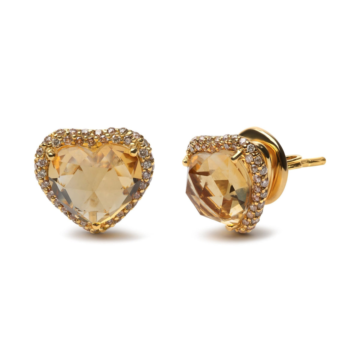 18K Yellow Gold 2/3 Cttw Brown Diamonds and 11x11mm Heart-Cut Yellow Citrine Gemstone Halo Heart Stud Earrings (Brown Color, SI1-SI2 Clarity) - LinkagejewelrydesignLinkagejewelrydesign