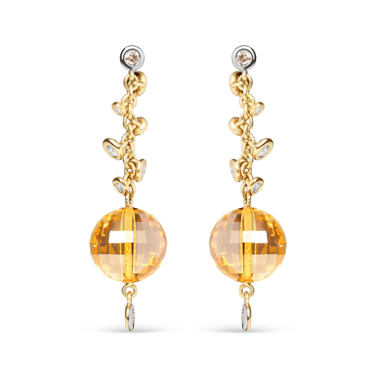 18K Yellow Gold 2/3 Cttw Round Bezel Diamond and 25mm Ball Shaped Yellow Citrine Gemstone Dangle Stud Earring (Brown and G-H Color, SI1-SI2 Clarity) - LinkagejewelrydesignLinkagejewelrydesign