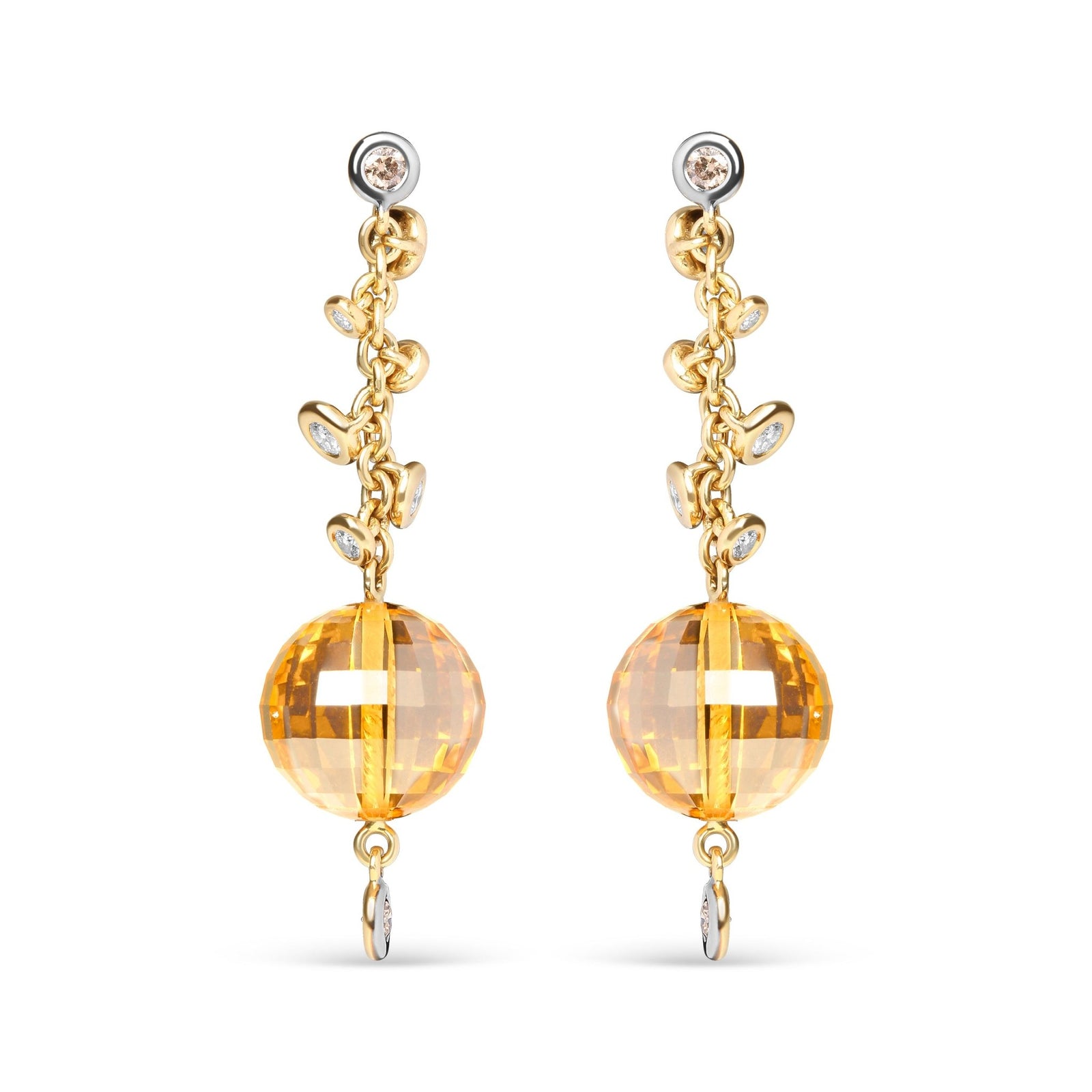 18K Yellow Gold 2/3 Cttw Round Bezel Diamond and 25mm Ball Shaped Yellow Citrine Gemstone Dangle Stud Earring (Brown and G-H Color, SI1-SI2 Clarity) - LinkagejewelrydesignLinkagejewelrydesign