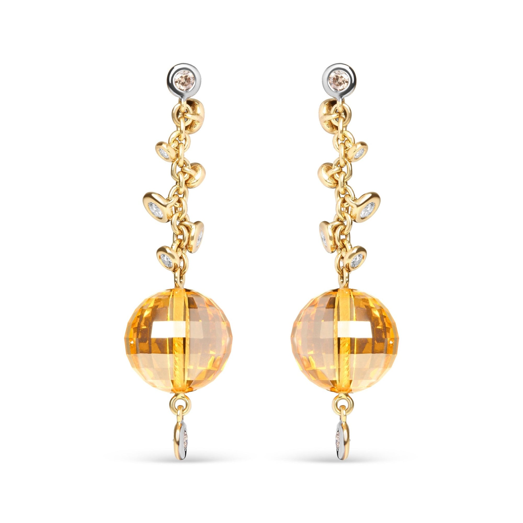 18K Yellow Gold 2/3 Cttw Round Bezel Diamond and 25mm Ball Shaped Yellow Citrine Gemstone Dangle Stud Earring (Brown and G-H Color, SI1-SI2 Clarity) - LinkagejewelrydesignLinkagejewelrydesign