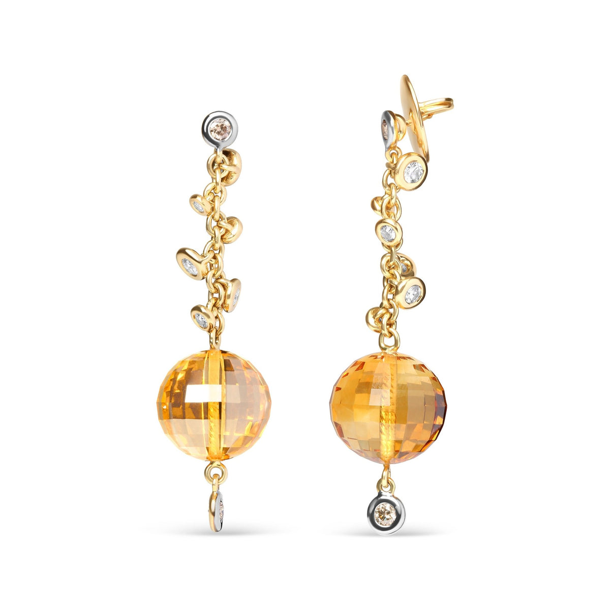 18K Yellow Gold 2/3 Cttw Round Bezel Diamond and 25mm Ball Shaped Yellow Citrine Gemstone Dangle Stud Earring (Brown and G-H Color, SI1-SI2 Clarity) - LinkagejewelrydesignLinkagejewelrydesign