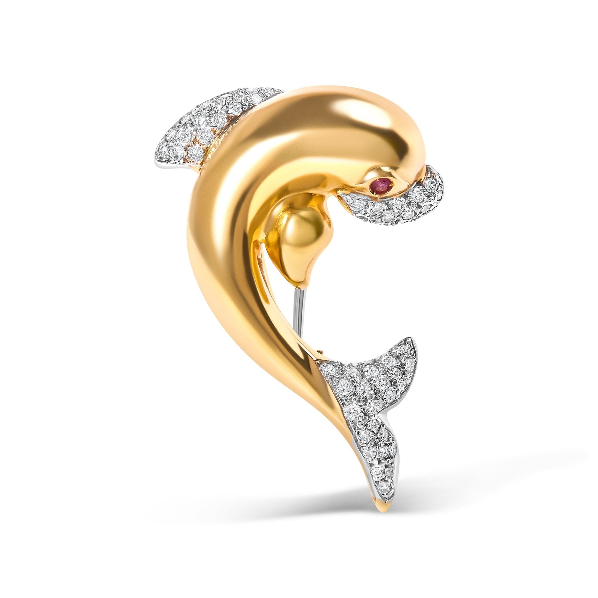 18K Yellow Gold 2/5 Cttw Diamond and Ruby Dolphin Brooch Pin (H-I Color, VS1-VS2 Clarity) - LinkagejewelrydesignLinkagejewelrydesign