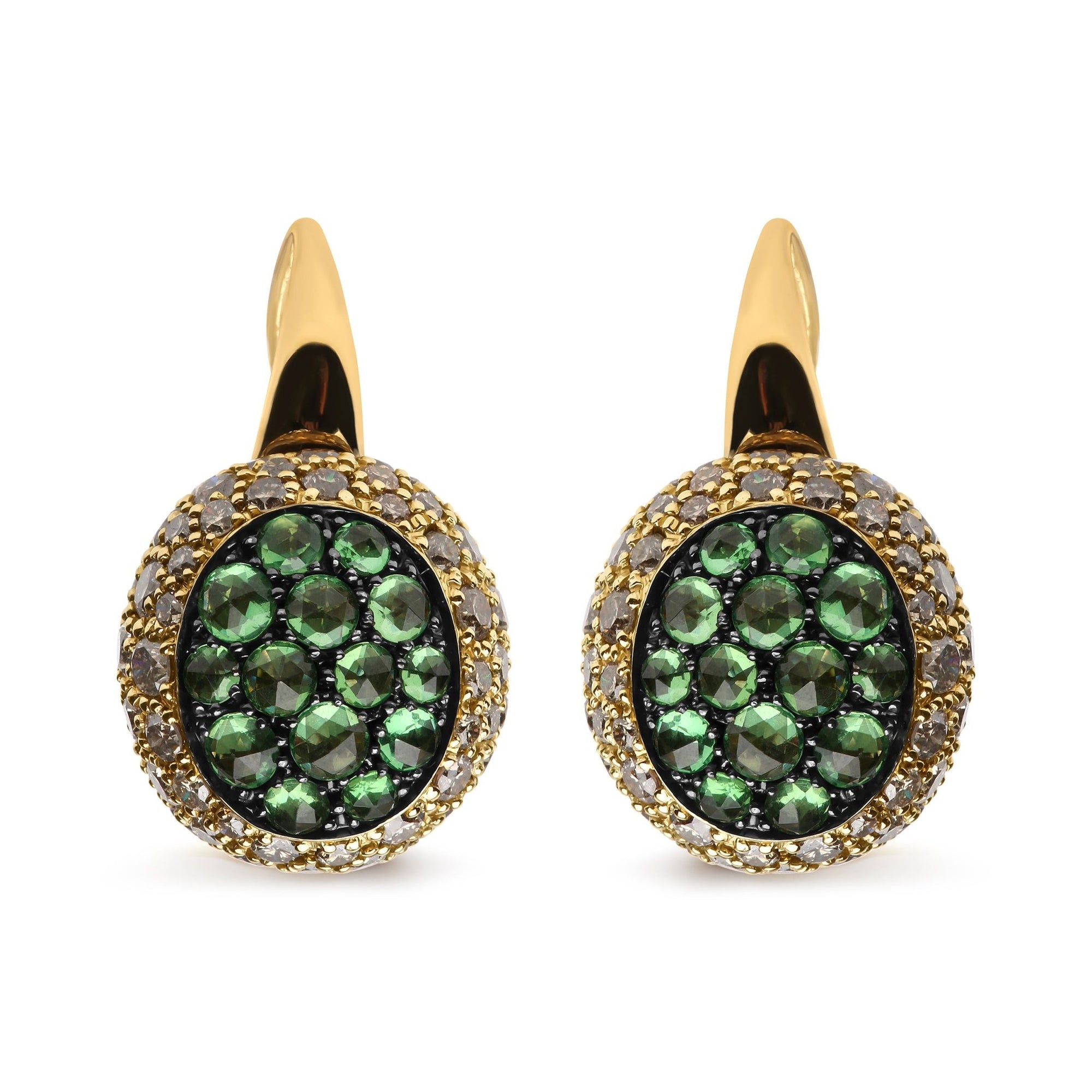18K Yellow Gold 3 1/2 Cttw Diamond and Round Green Tsavorite Gemstone Round Domed Drop Hoop Earrings (Brown Color, SI1-SI2 Clarity) - LinkagejewelrydesignLinkagejewelrydesign