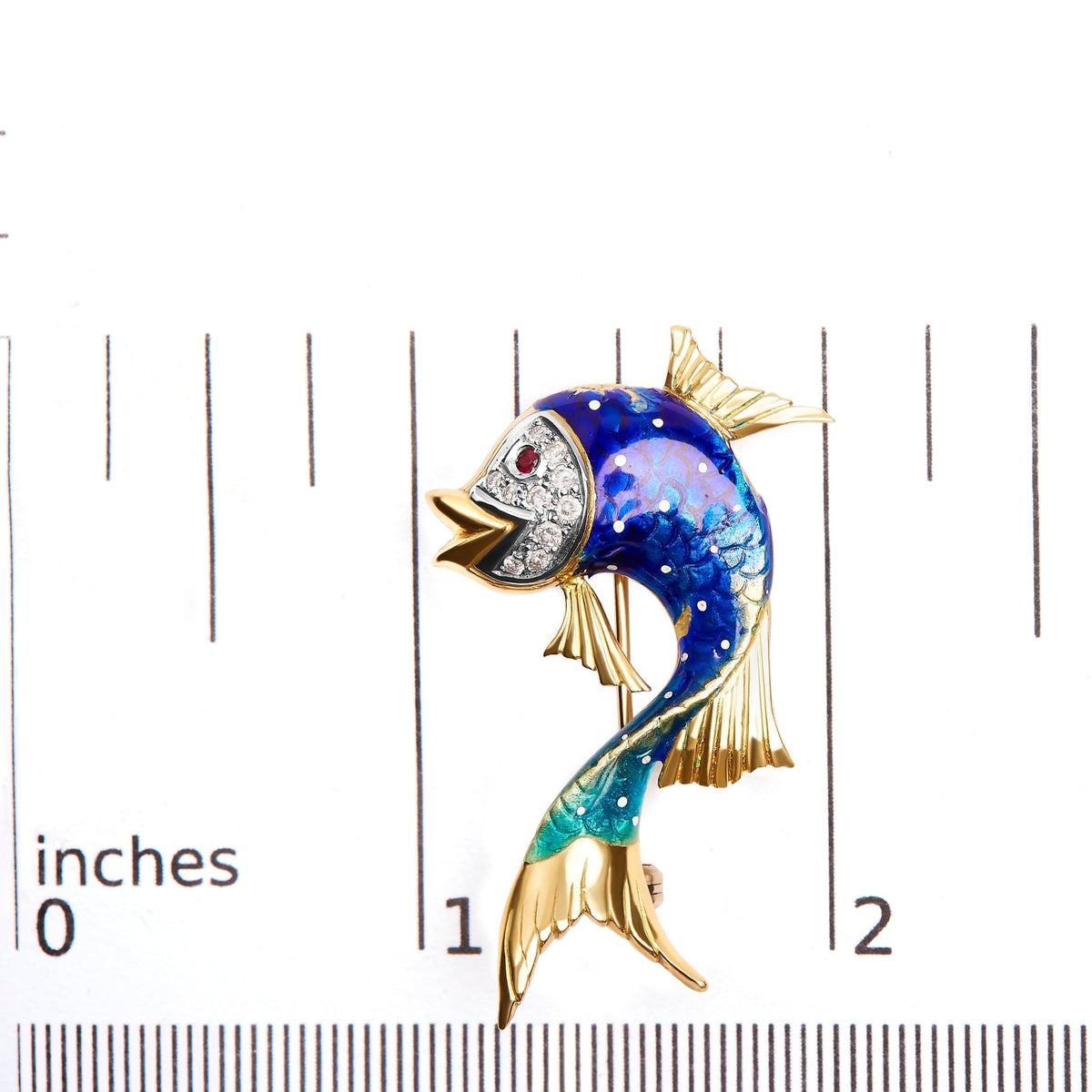 18K Yellow Gold and Blue Enamel Diamond and Pink Sapphire Fish Brooch Pin (H-I Color, VS2-SI1 Clarity) - LinkagejewelrydesignLinkagejewelrydesign