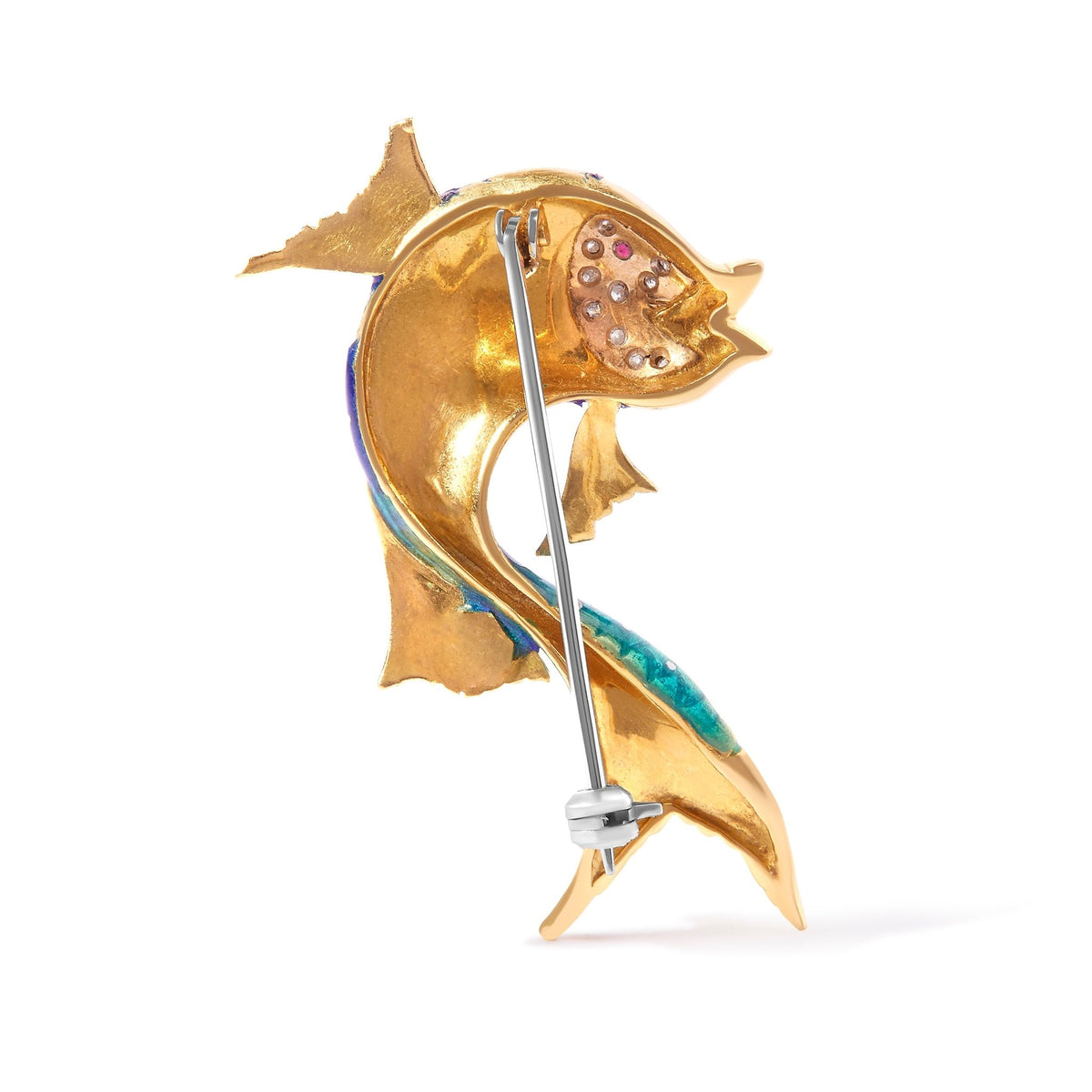 18K Yellow Gold and Blue Enamel Diamond and Pink Sapphire Fish Brooch Pin (H-I Color, VS2-SI1 Clarity) - LinkagejewelrydesignLinkagejewelrydesign