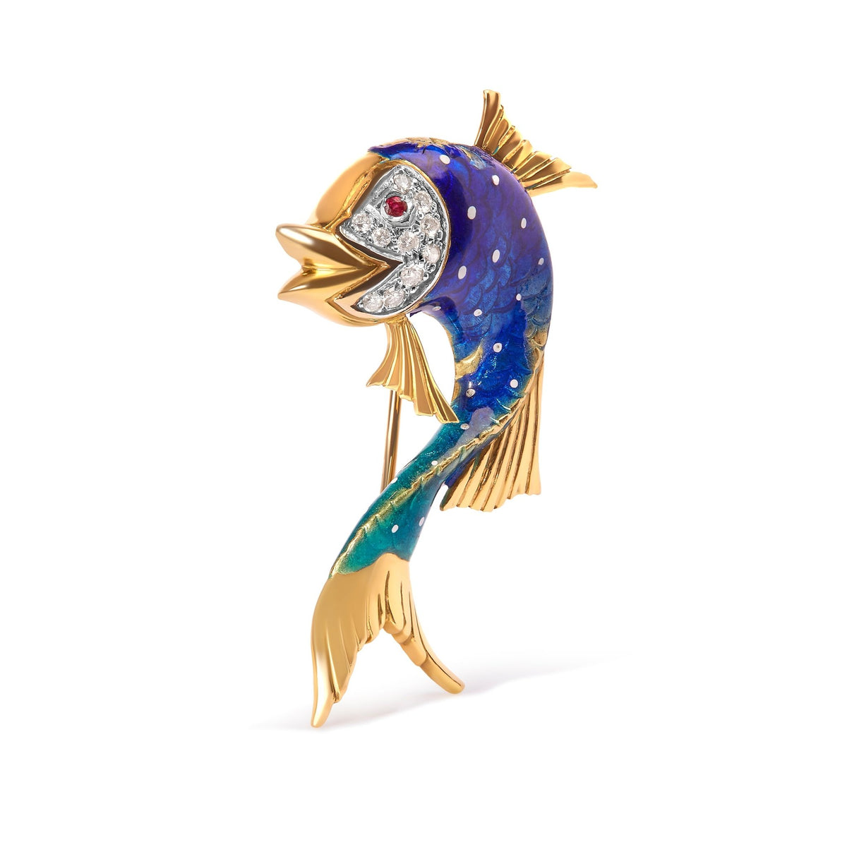 18K Yellow Gold and Blue Enamel Diamond and Pink Sapphire Fish Brooch Pin (H-I Color, VS2-SI1 Clarity) - LinkagejewelrydesignLinkagejewelrydesign