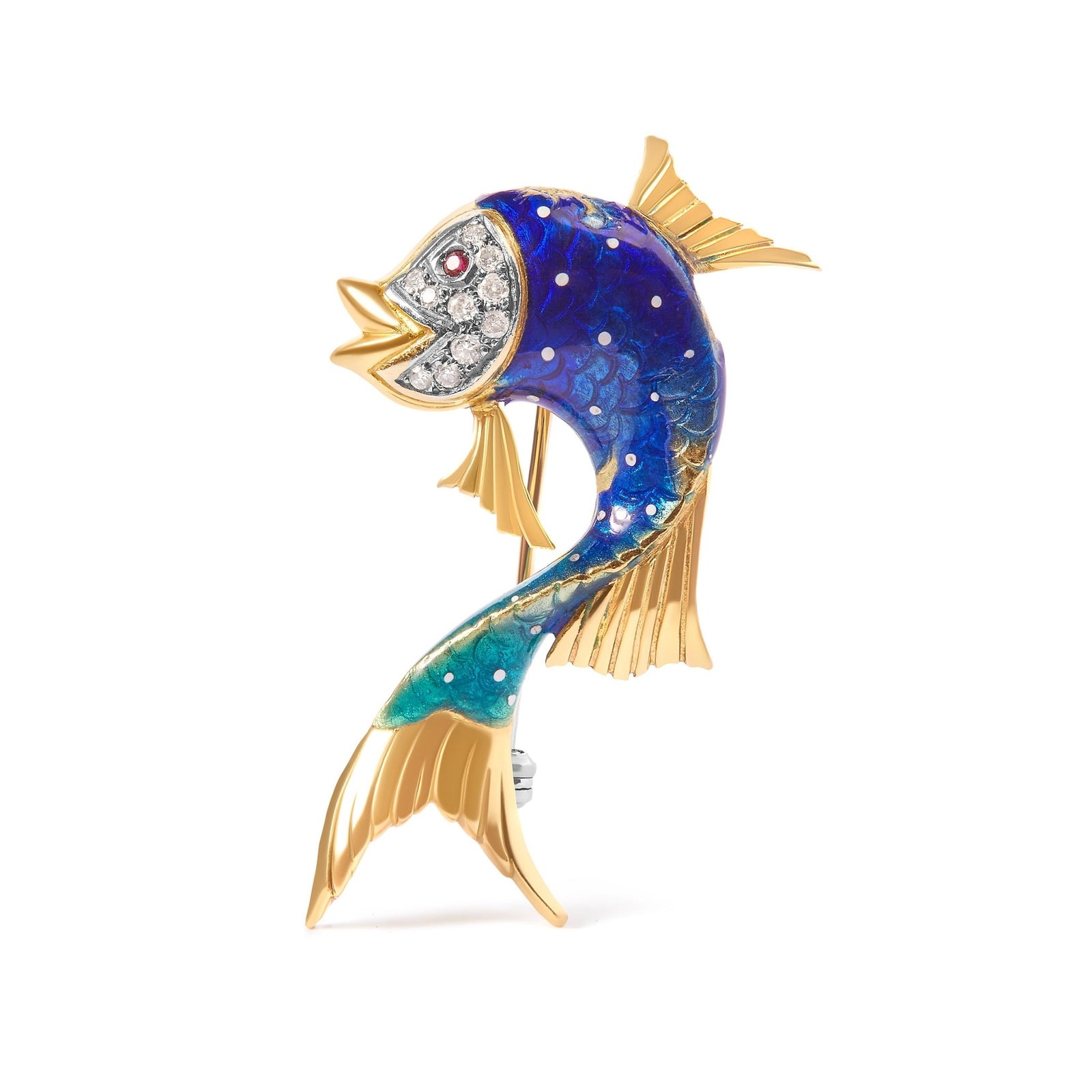 18K Yellow Gold and Blue Enamel Diamond and Pink Sapphire Fish Brooch Pin (H-I Color, VS2-SI1 Clarity) - LinkagejewelrydesignLinkagejewelrydesign