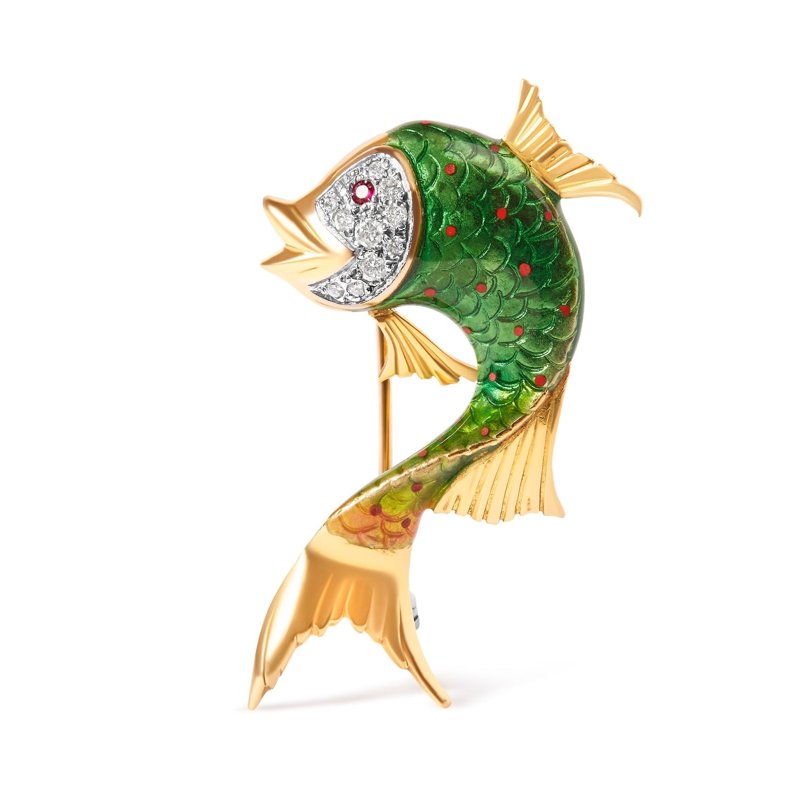 18K Yellow Gold and Green Enamel Diamond and Pink Sapphire Fish Brooch Pin (H-I Color, VS2-SI1 Clarity) - LinkagejewelrydesignLinkagejewelrydesign
