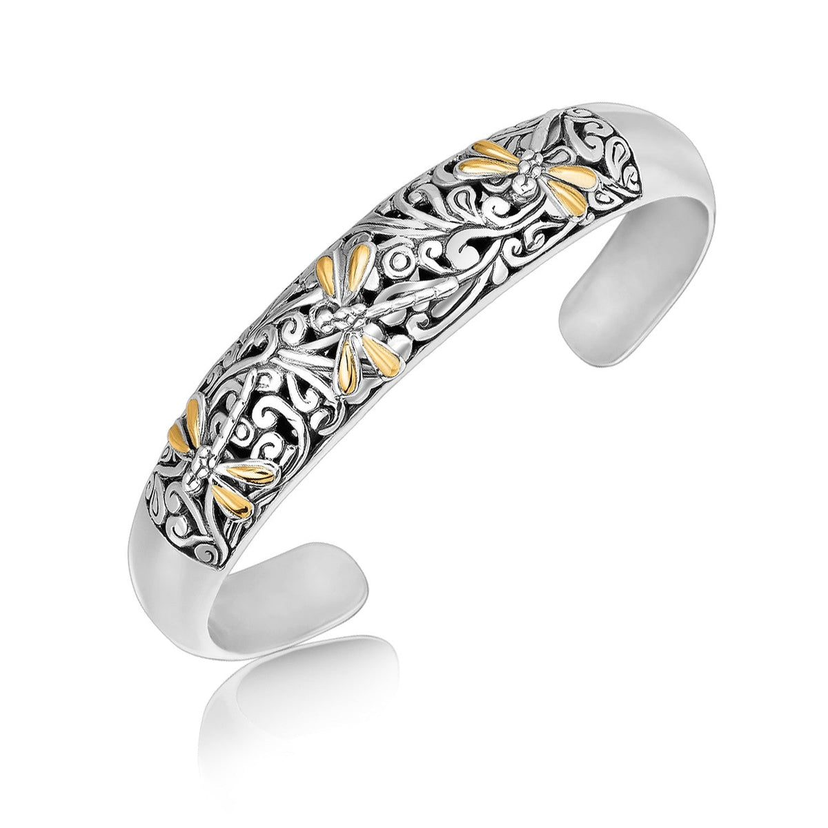 18k Yellow Gold and Sterling Silver Cuff with Dragonfly and Flourishes - LinkagejewelrydesignLinkagejewelrydesign