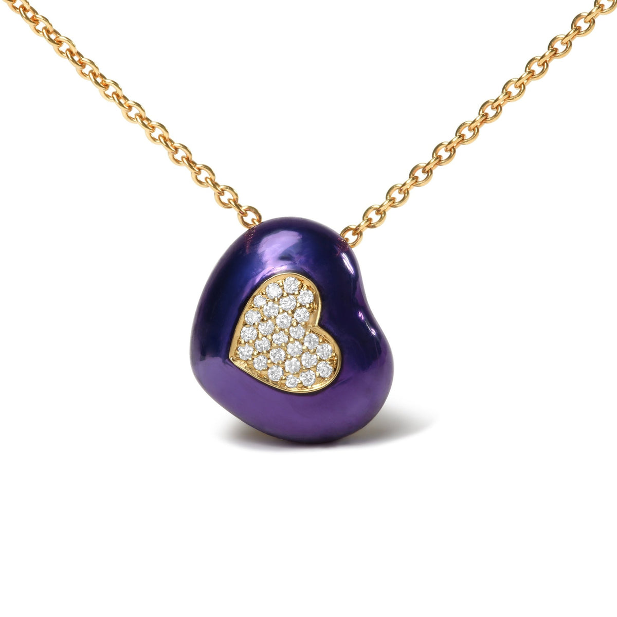 18K Yellow Gold Blue Enamel 1/10 Cttw Round Pave Diamonds Heart Shape 18&quot; Pendant Necklace (G-H Color, SI1-SI2 Clarity) - Adjustable up to 16&quot; - 18&quot; - LinkagejewelrydesignLinkagejewelrydesign